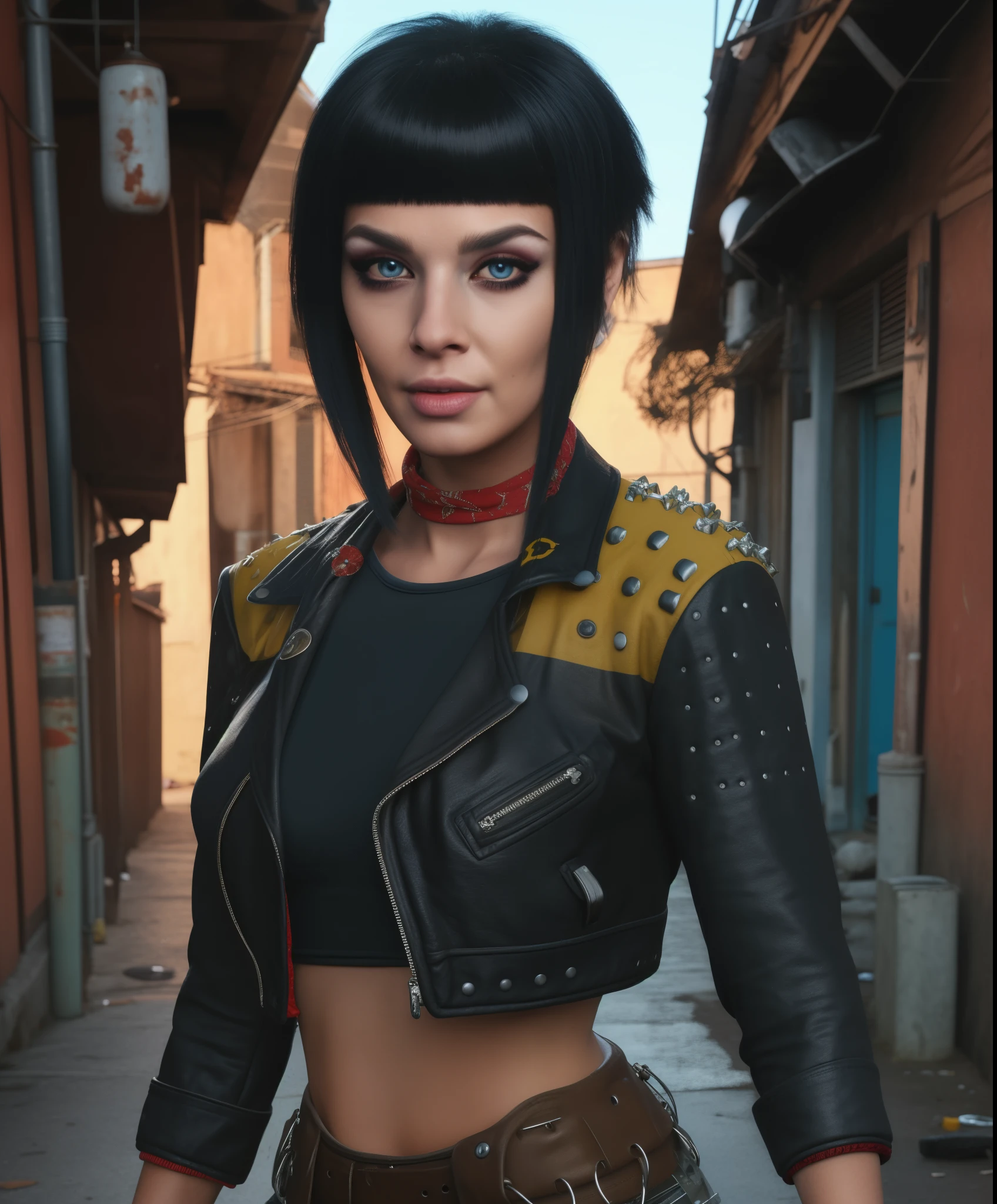 cambiar,cabello corto,drilling,blue eyes,constituir,Golpes,vender a menor precio que,PELO NEGRO, handkerchief, 
pendientes,guantes sin dedos,cuero,chaqueta negra,belt,top corto,
de pie,parte superior del cuerpo,
alley,noche,Science fiction,
(incredibly detailed, hermoso rostro detallado,hermosos ojos detallados, obra maestra, Mejor calidad),solo,