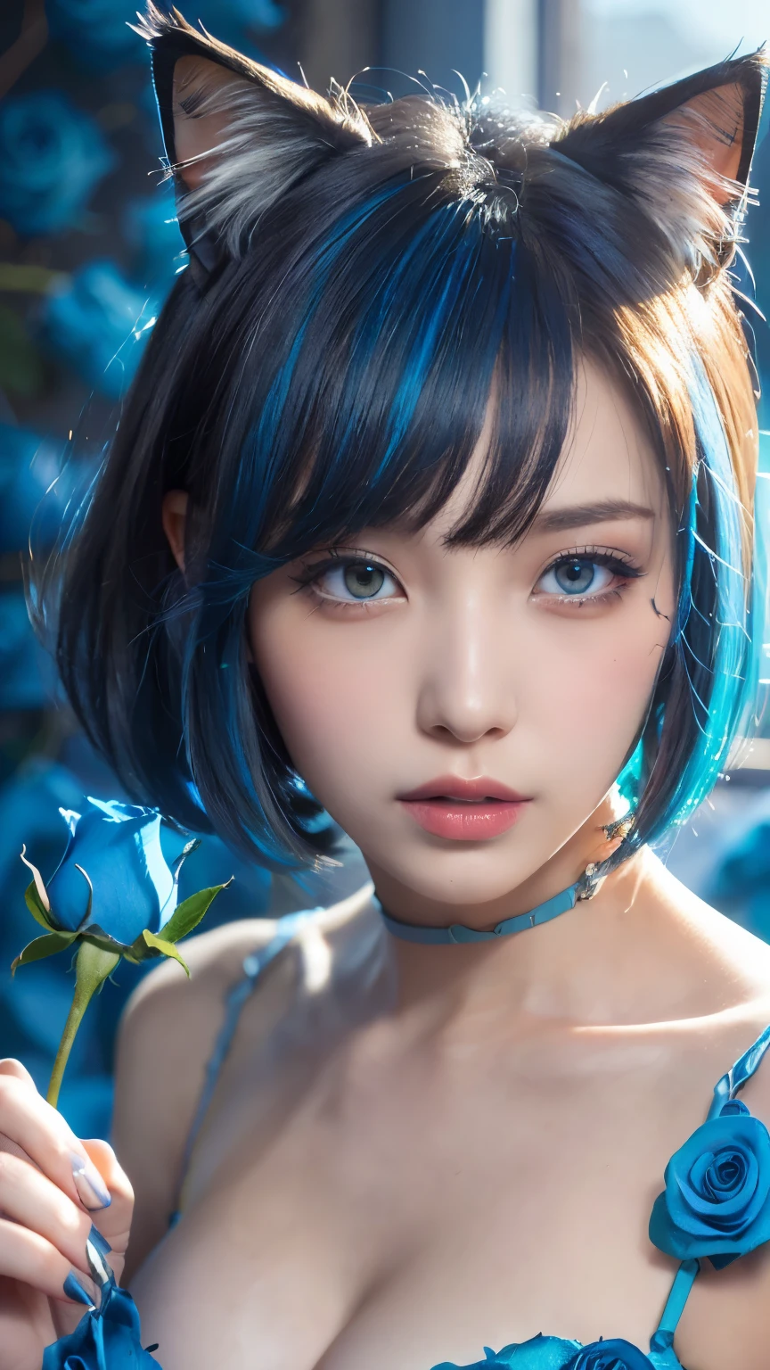 masterpiece, 4k, Bokeh, beautiful face, (multiple girls:1.4), Harem, (group photo:1.2), (Cat ear:1.3), (blue medium bob hair:1.4), (blue theme:1.6), looking at the viewer, (Blue roses:1.4), (blue cafe background:1.5), (closeup:1.4)
