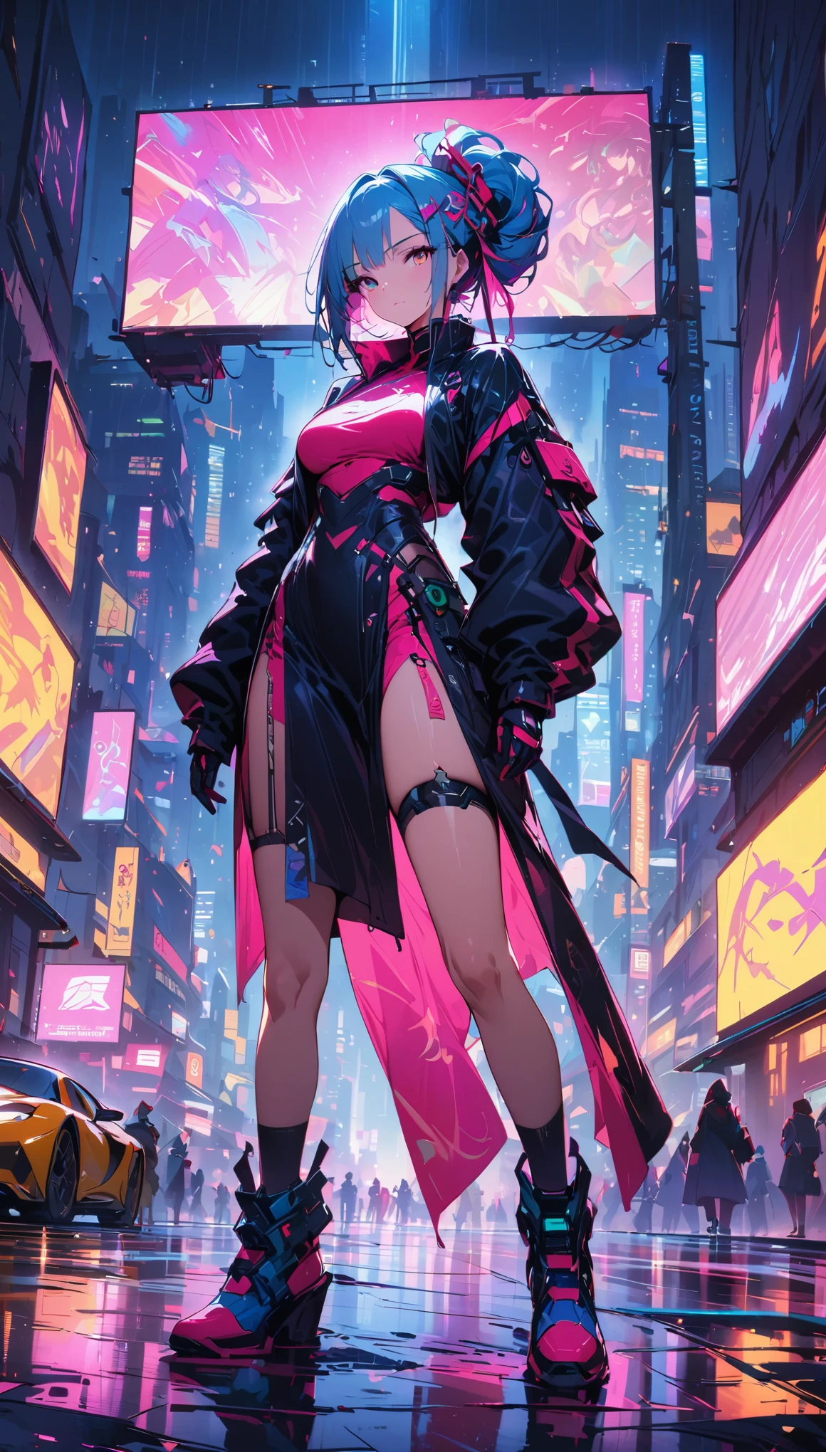 (最high quality), (super fine), (masterpiece), figure, A girl Chinese costume cyber punk, （cyber punk，Chinese service，cybernetic implant），looking at camera,hair accessory, bright colors，dynamic lighting，neon light，shining city skyline，holographic projection，Future Fashion Clothing，Combination of traditional and modern elements，avant-garde makeup，Exquisite hairstyle，confidence and determination，urban environment，downpour，Thoughts on the slippery road sensation，mechanical armor, gorgeous accessories，High-tech products，Impressive cybernetic enhancements，clear focus，Awkward details, overclocked rendering, cinematic edge light, fine light, masterpiece, Super detailed, magnificent work, ultra high resolution, high quality, 32k