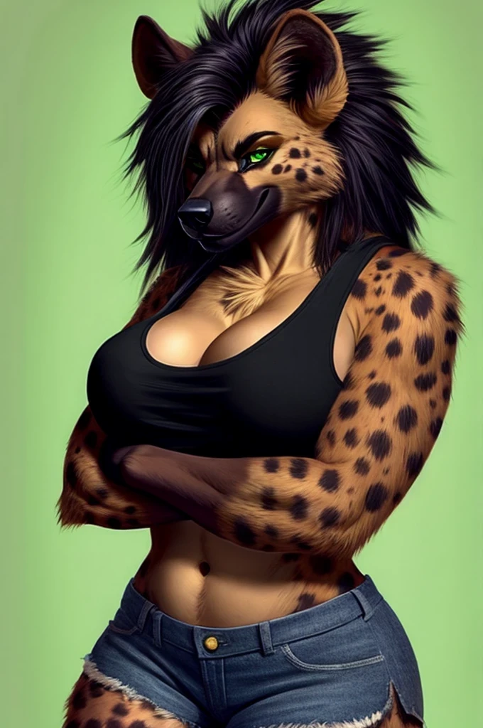 Female anthro hyena, abs, black fur, green eyes, big breasts, tank top, midriff, shorts, long black spiky hair, smirking, arms crossed