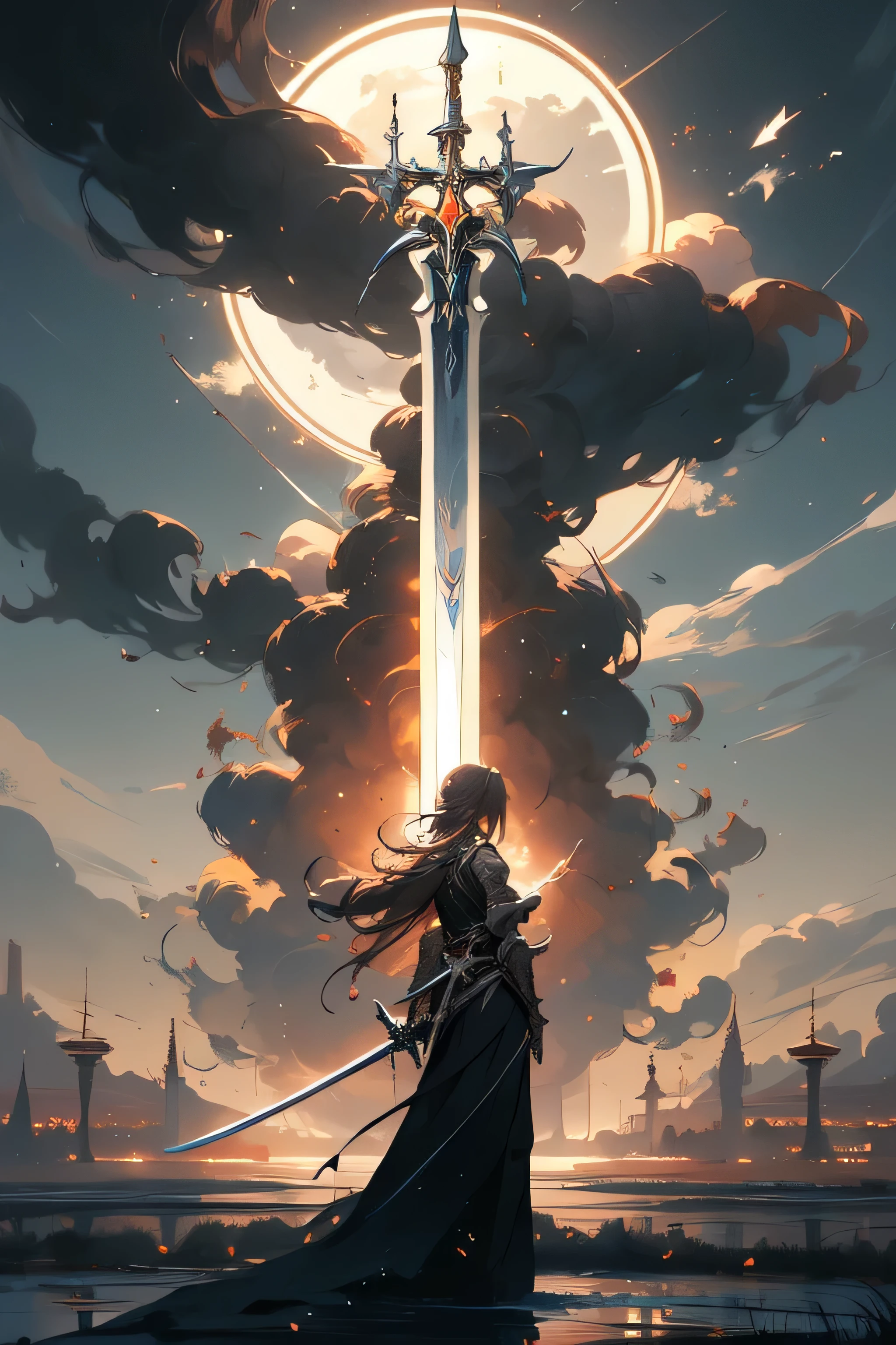 (masterpiece:1.2), best quality,realistic,midjourney,
long hair, moon, cloud, solo, scenery, holding, weapon, standing, sky, outdoors, halo, sword, holding weapon, cloudy sky, wide shot, 1girl, holding sword, from behind, dress, very long hair, black dress, very detail
 