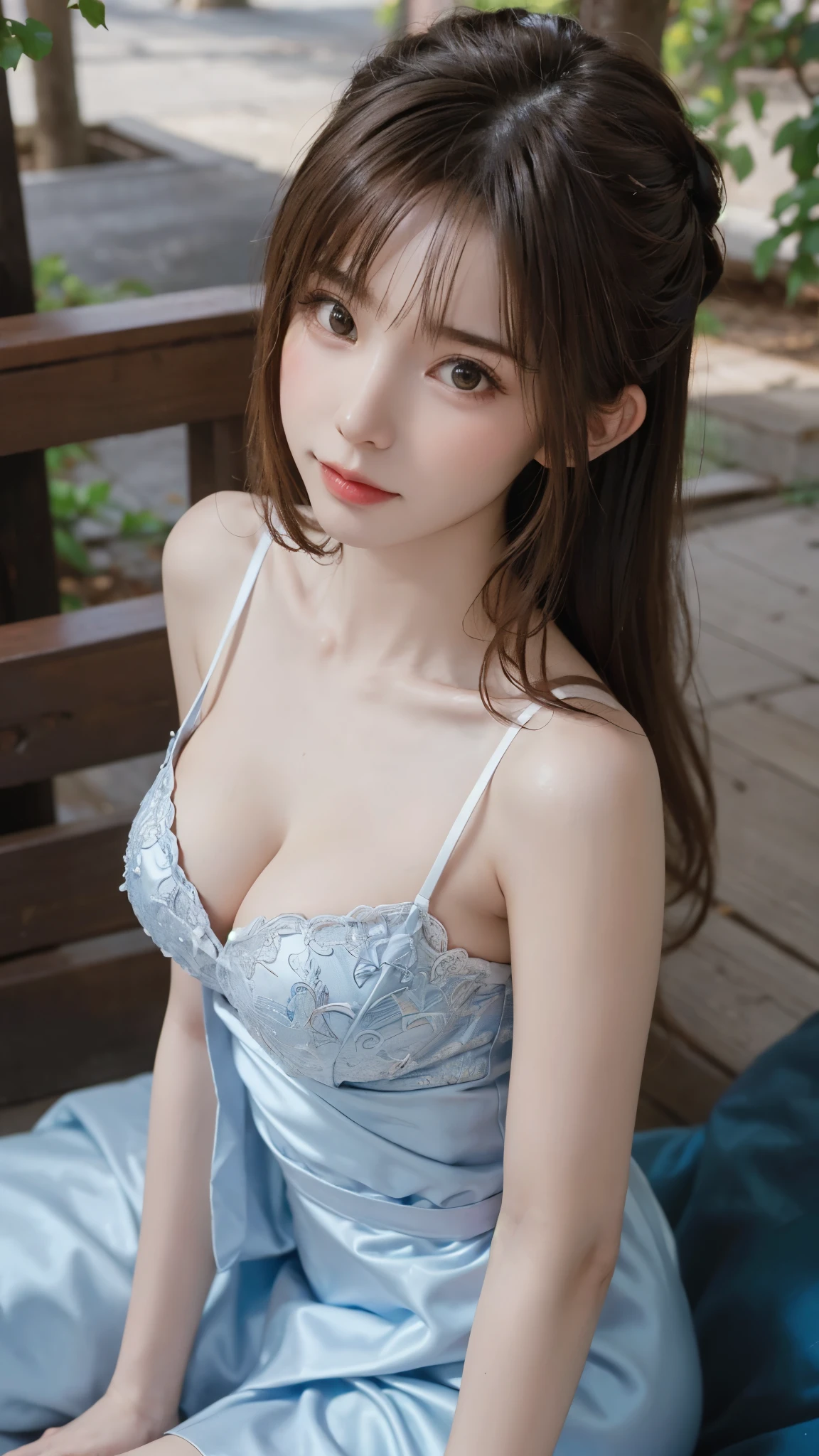 (1girl:1.3), sexy pose, slim body, (photorealistic:1.4), (masterpiece, top quality, best quality, official art), extreme detailed, highest detailed, (ultra-detailed), ((an extremely delicate and beautiful)), cinematic light, (realisticlying:1.3), (highdetailskin:1.2), high resolution, 8K UHD, 4K, 8K, Bokeh, digital SLR camera, absurderes, Optimal proportions of four fingers and one thumb, in the park with trees,sitting on bench, ((silky long hair)), (brown hair), tears, beautiful face, perfect face, highly detailed beautiful face, Cute, shy,blush, dynamic angle, from above,looking at viewer, wearing Tulle Overlay Camisole dress