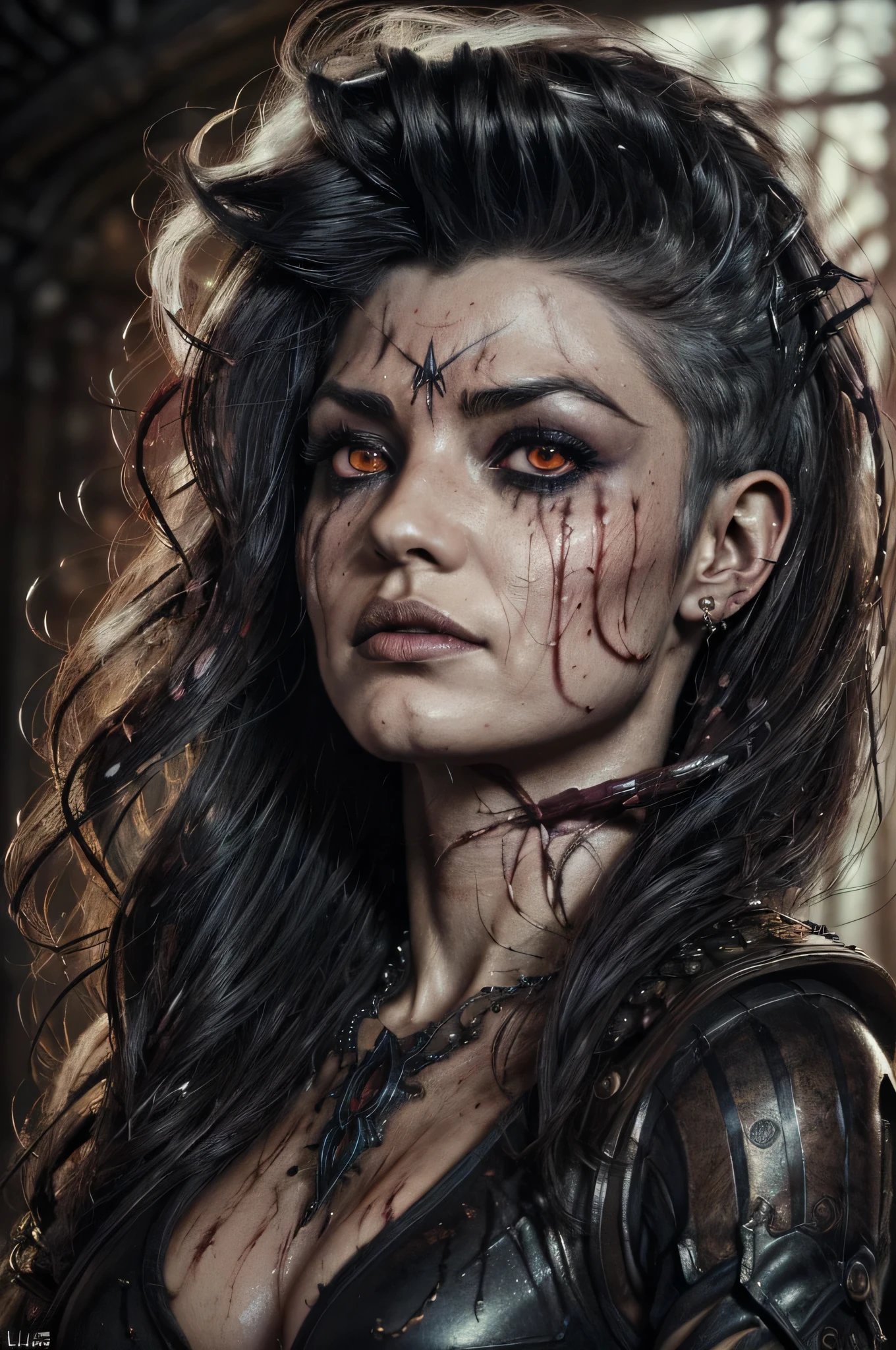 create a stunningly beautiful striking amazing intricate highly detailed poster, capturing the essence of a beautiful but evil eerie creepy theme, (((imagine a female rising from a high quality detailed pool drenched in blood splatter, long unruly wild hair, head and face tilted backwards, blood splattering off her hair, facing looking upwards towards the light, in an action pose, muscular, that embodies the essence of the power of darkness, exuding a (((ultra realistic fantasy style theme aesthetic))) brightly lit, well lit, vivid lighting, pixel art, ultra realistic surrealism, very detailed photo realistic striking big eyes, with ethereal long wave wild unruly flowing hair, hybrid creature with human-like characteristics with dazzlingly detailed features and a striking beauty in the art style of luis royo