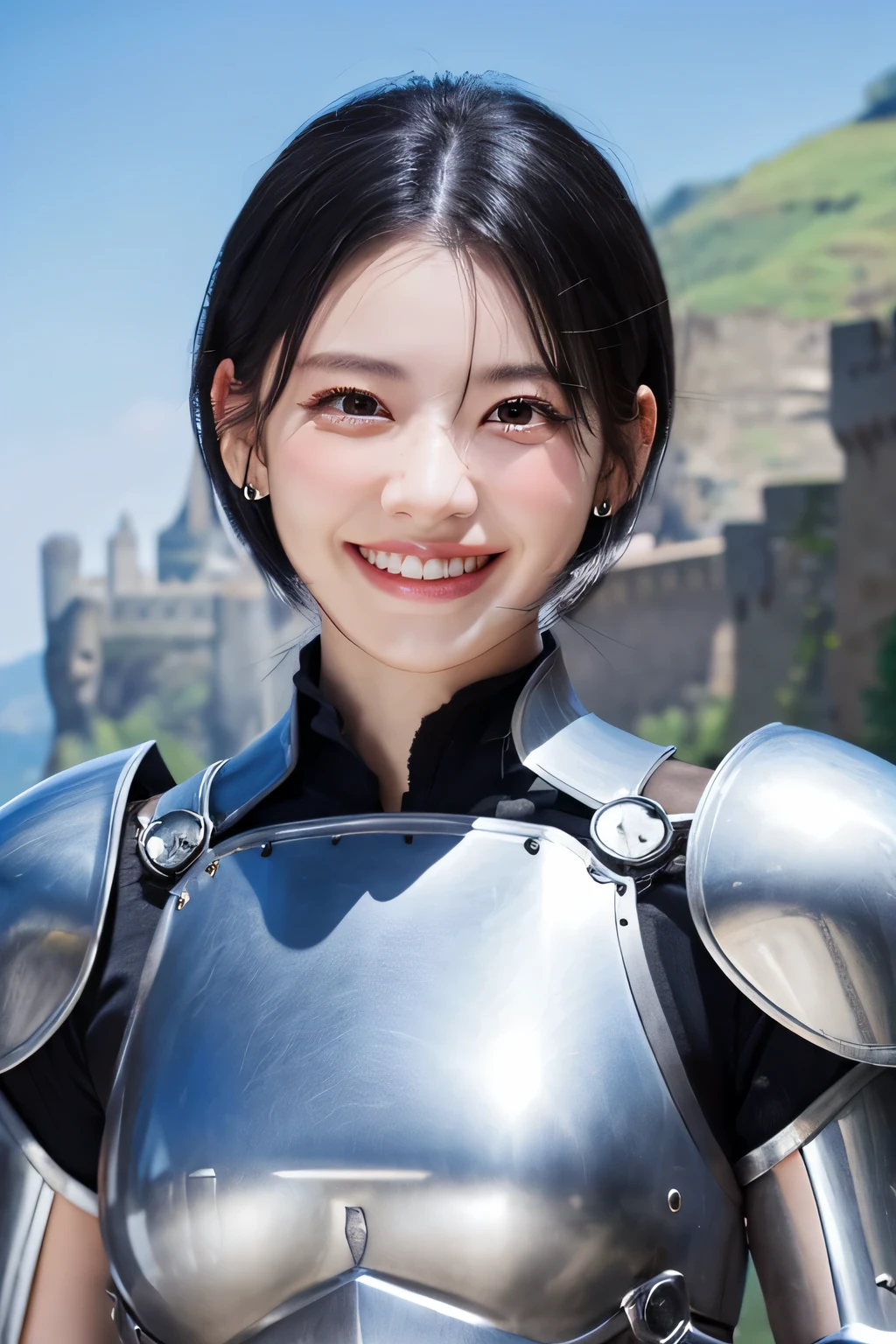 highest quality、4K、The background is a castle、slender body shape、female knight、black hair、smile、gum、beautiful teeth、hairstyle shortcut、ear piercing、full body photo、Luxurious Silver Armor、