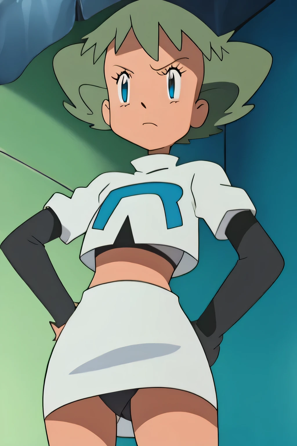 8k, masterpiece,highres, team rocket uniform, red letter r, white skirt,white crop top,black thigh-high boots, black elbow gloves, glaring angrily, looking down at viewer, hands on hips, cowboy shot, zettai ryouiki,from below, black panties,anime style, vivid colors, sharp focus, intense lighting,molly hale