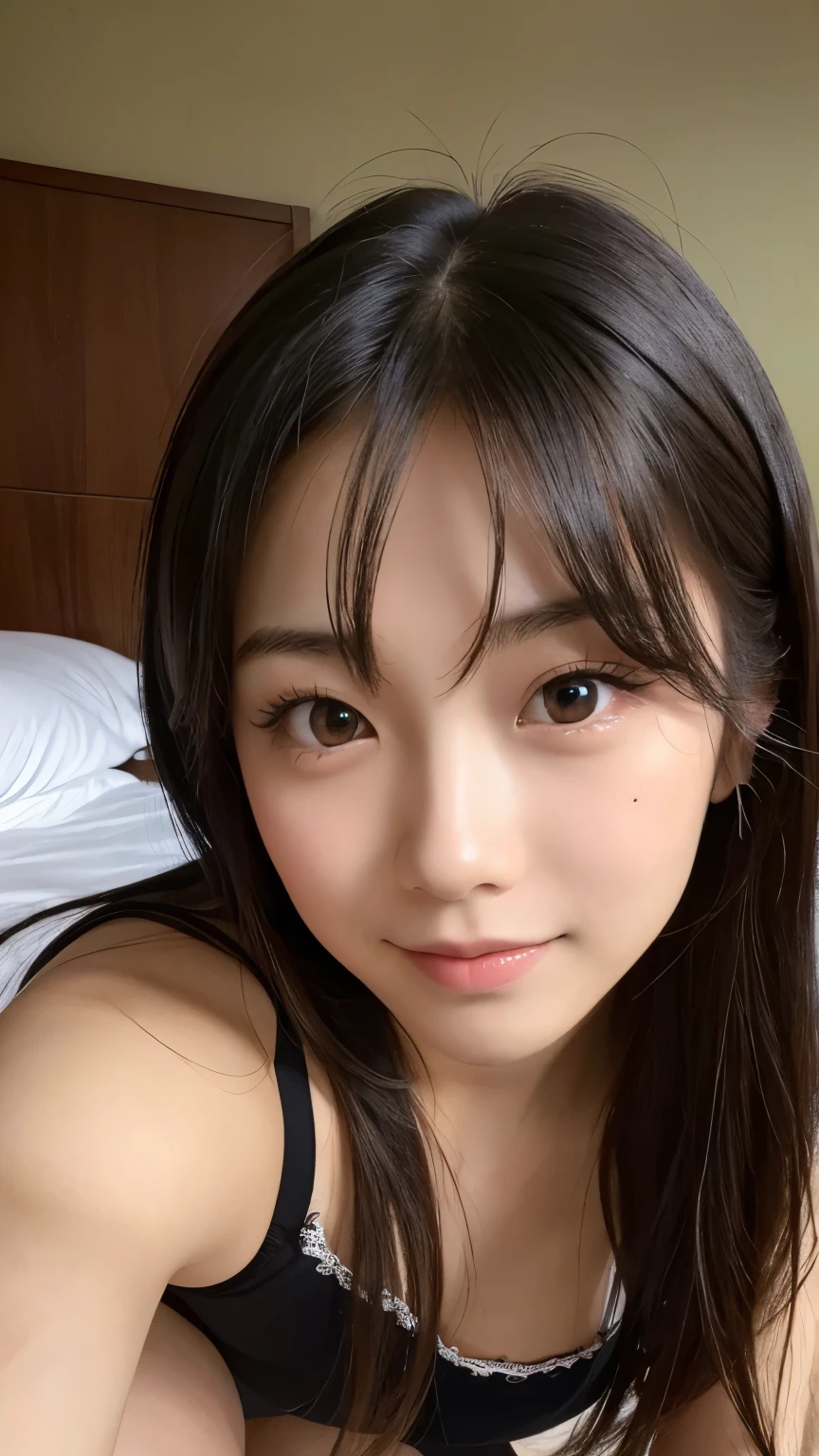 Best-quality, Masterpiece, Ultra-High-Resolution, (Photorealistic:1.9), Raw-Photo, 1girl, the most famous Japanese idol, face-focus, in hotel-room, wearing only loose-underwear with cute-design, innocent-smile, looking at viewer, extremely cute face like the most popular Japanese idol, the most beautiful big-black-eyes, extremely beautiful hair, extremely beautiful skins, extremely beautiful long-eyelashes, extremely beautiful lips, detailed loose-underwear, detailed hotel-room, detailed big-black-eyes