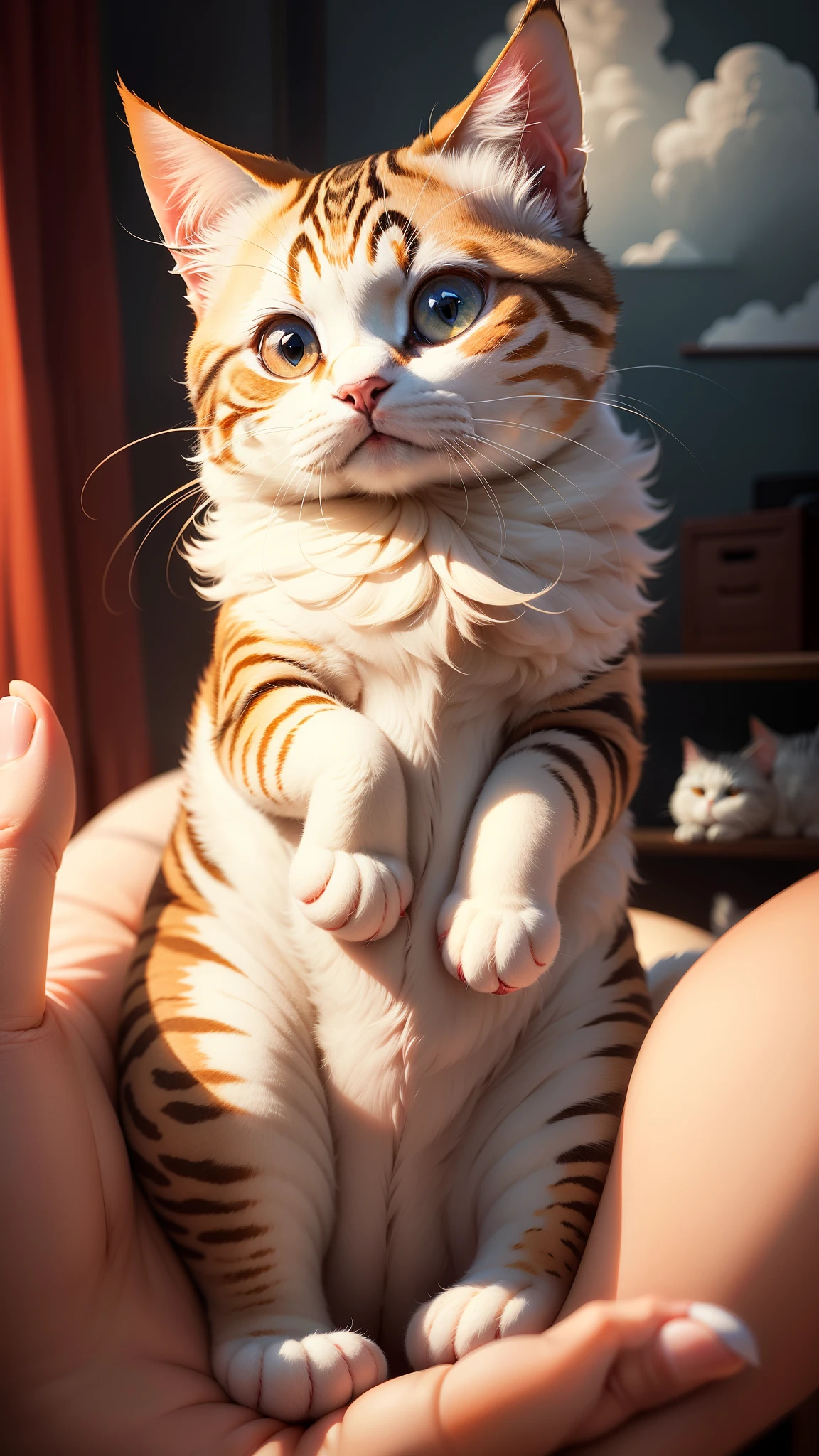 bun cat, chubby cat, cloud, bright, red color, highly detailed, masterpiece, high quality, cute creature