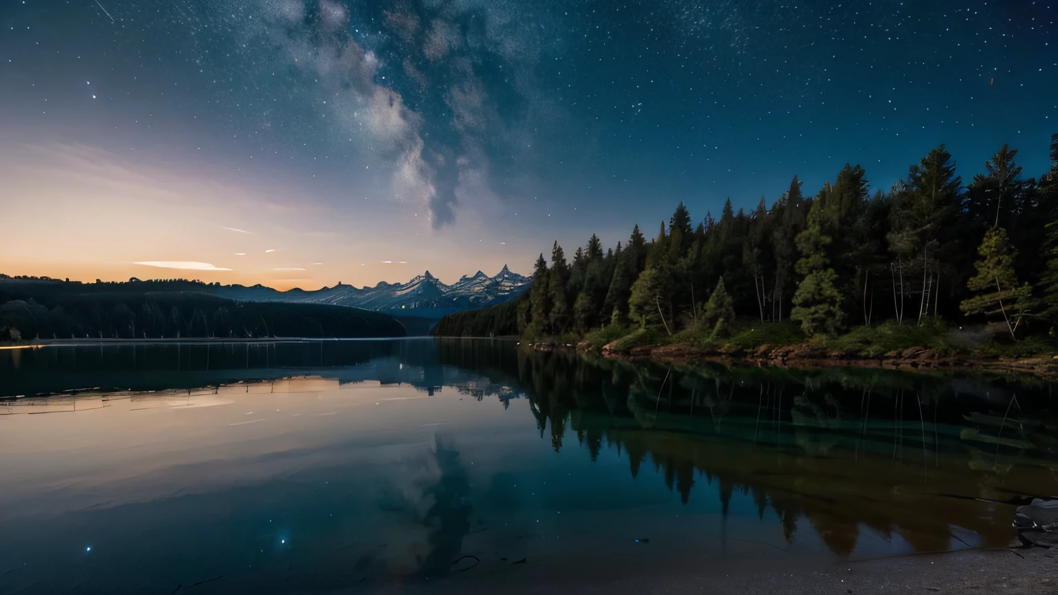 creator image natural florest, three, lake, sky with stars, night