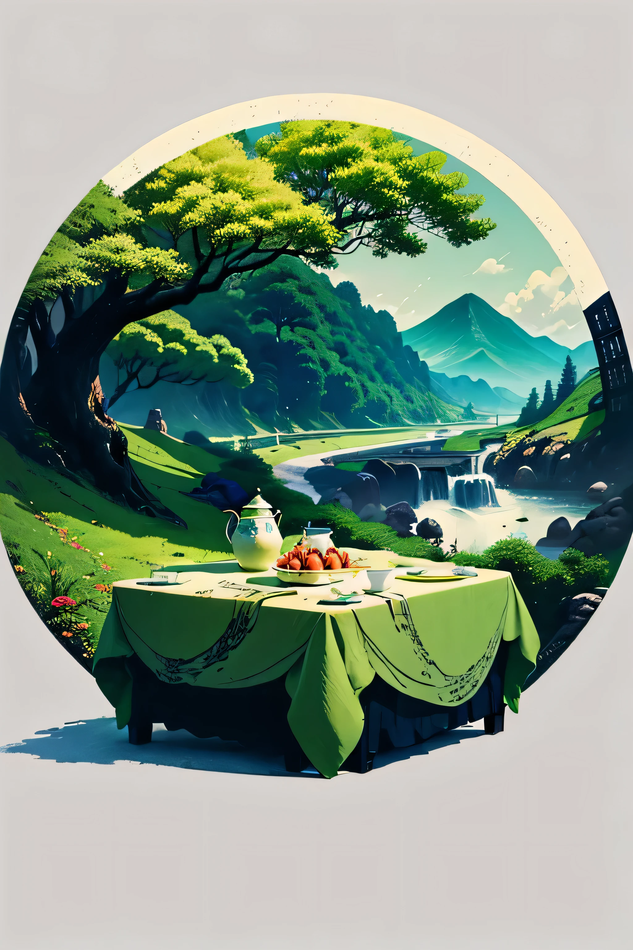 ((best quality)), ((masterpiece)), (detailed), Qingming season，sunny，Fresh style，no characters，square table，There are round green pastries on the table，There is tea on the table，Green leaves scattered on the table，Ethereal state，landscape illustration，still life illustration