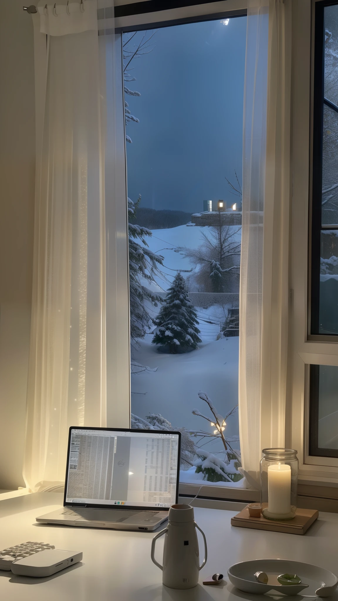 There is a laptop sitting at a desk in front of a window, luz fria da janela, luz azul fria da janela, ambiente aconchegante, cozy aesthetic, cozy vibes, lugar aconchegante, Home Office, the lights are on in the windows, frio como gelo! 🧊, 🌲🌌, dia de neve, winter vibes, cold snow outside, snowing outside
