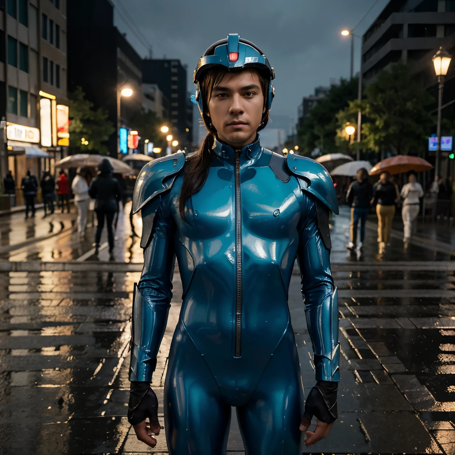 best quality, masterpiece, realistic, photorealistic, 1man, solo, looking at viewer, full body, standing, saint seiya cosplay costume, cosplay, plugsuit, bodysuit, detailed background, in street, night, light, rain, helmet
