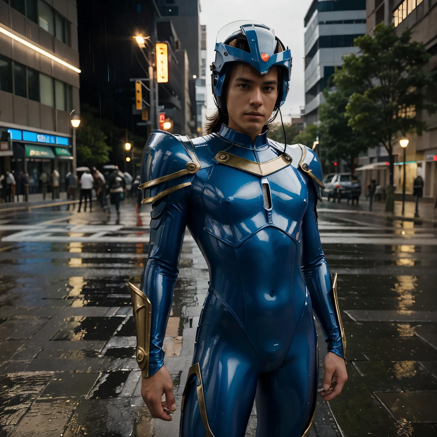 best quality, masterpiece, realistic, photorealistic, 1man, solo, looking at viewer, full body, standing, saint seiya cosplay costume, cosplay, plugsuit, bodysuit,  detailed background, in street, night, light, rain, helmet