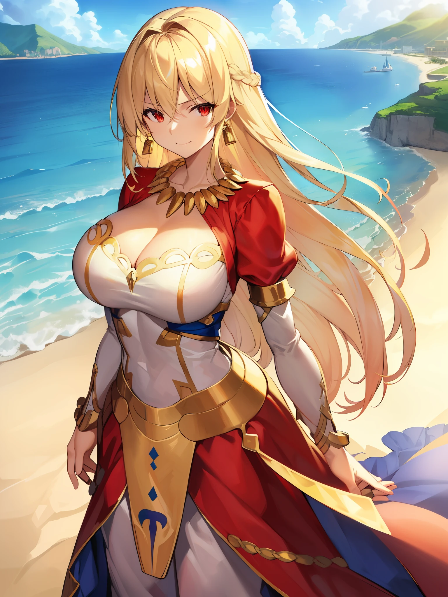 ((masterpiece))、((highest quality))、(Super detailed)、disorganized、Highly detailed CG uniform 8k wallpaper、official art、Accurately depict shapes、(real)、detailed hands、expressive eyes、Upper body、Close-up、solo、(beach、landscape、dramatic light、An illustration:1.1)、(standing position、arm in arm、smile 1.2)、(1 girl、mature woman、big breasts、cleavage、hair between eyes、blonde、long hair、red eyes:1.4)、(white pants、Gold Bracelet、gold earrings、gold necklace、blue shirt、long sleeve:1.3)、、((master piece))、disorganized、HDR、gilgamesh summer (Fate)、gender swap \(mtf\ )、