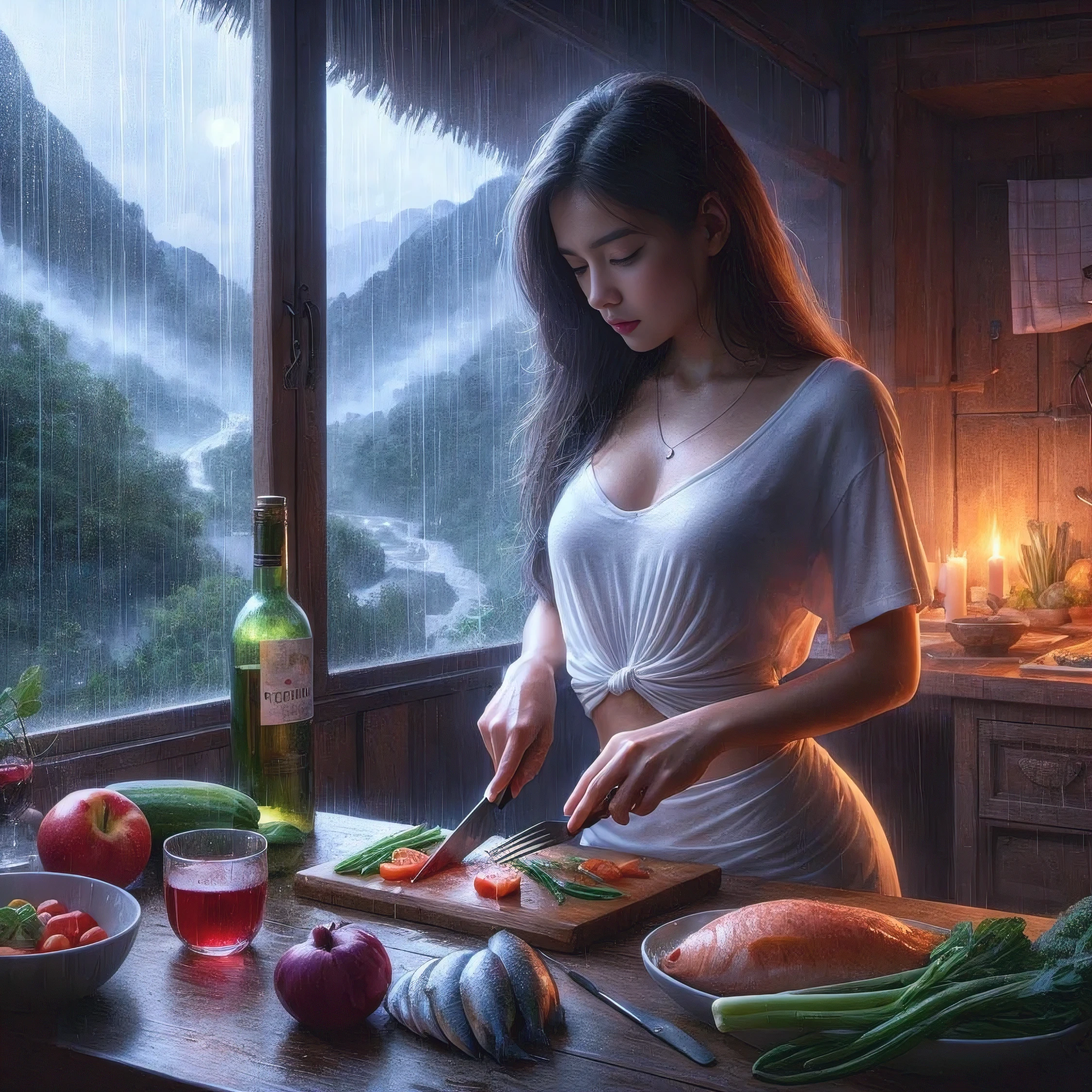 A woman was cutting vegetables on a cutting board in the kitchen., Beautiful digital artwork, Realistic digital art 4k, Realistic digital art 4k, Realistic fantasy drawings, Highly detailed 4k digital artwork., Realistic fantasy artwork, Amazing 8k artwork, Surreal fantasy art, 4k detailed coloring, Very realistic food pictures, Realistic digital art 8k, Super realistic drawing style