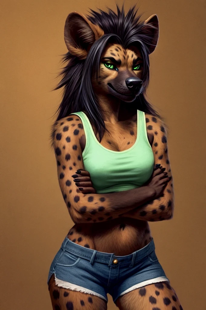 Female anthro hyena cub, black fur, green eyes, tank top, midriff, shorts, long black spiky hair, smirking, arms crossed