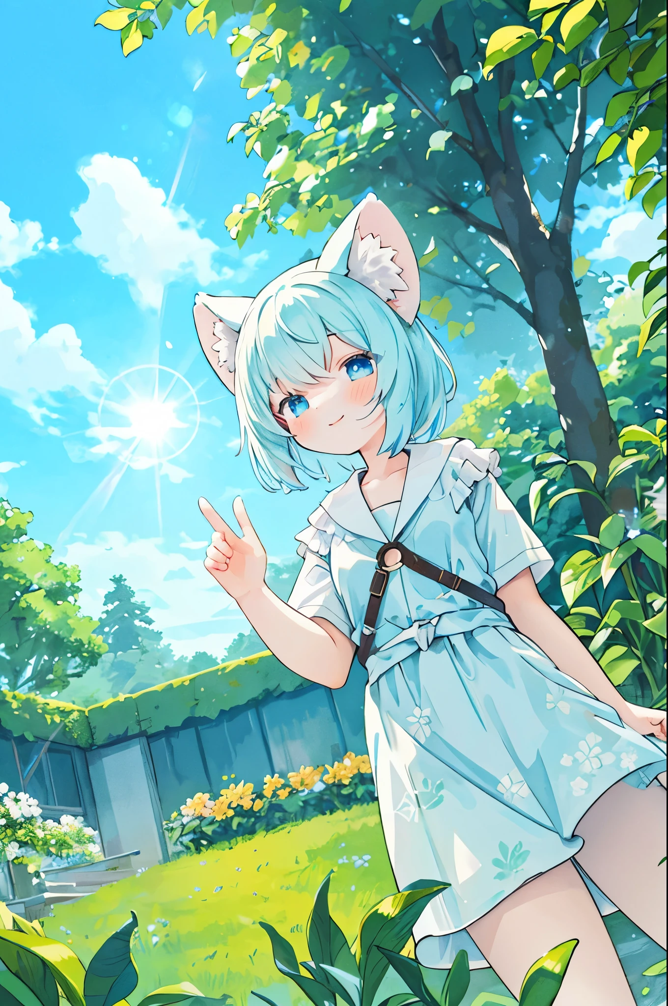 anime key visual, highres, High-quality illustrations, unparalleled masterpiece(movie of life)nature inspired imagery, romanticized views, lively illustrations, whimsical cartoonish, farm, Blue sky, clouds, florals Beautiful garden(furry anthro, solo, girl, casual fashion, Relux pose, Smile)absurdres, perfect anatomy, caustics, cinematic lighting, lens flare, deep shadow, dynamic angle,