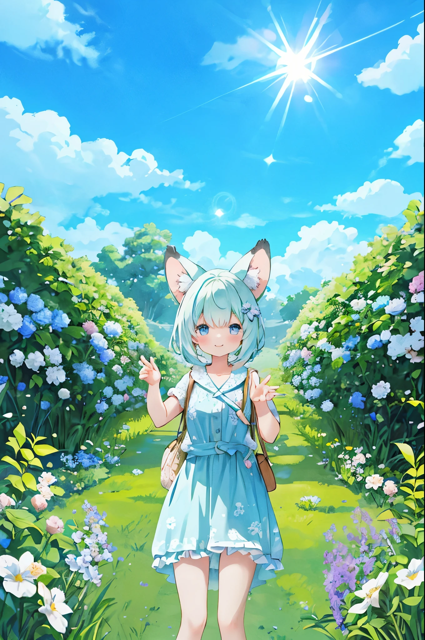 anime key visual, highres, High-quality illustrations, unparalleled masterpiece(movie of life)nature inspired imagery, romanticized views, lively illustrations, whimsical cartoonish, farm, Blue sky, clouds, florals Beautiful garden(furry anthro, solo, girl, casual fashion, Relux pose, Smile)absurdres, perfect anatomy, caustics, cinematic lighting, lens flare, deep shadow, dynamic angle,