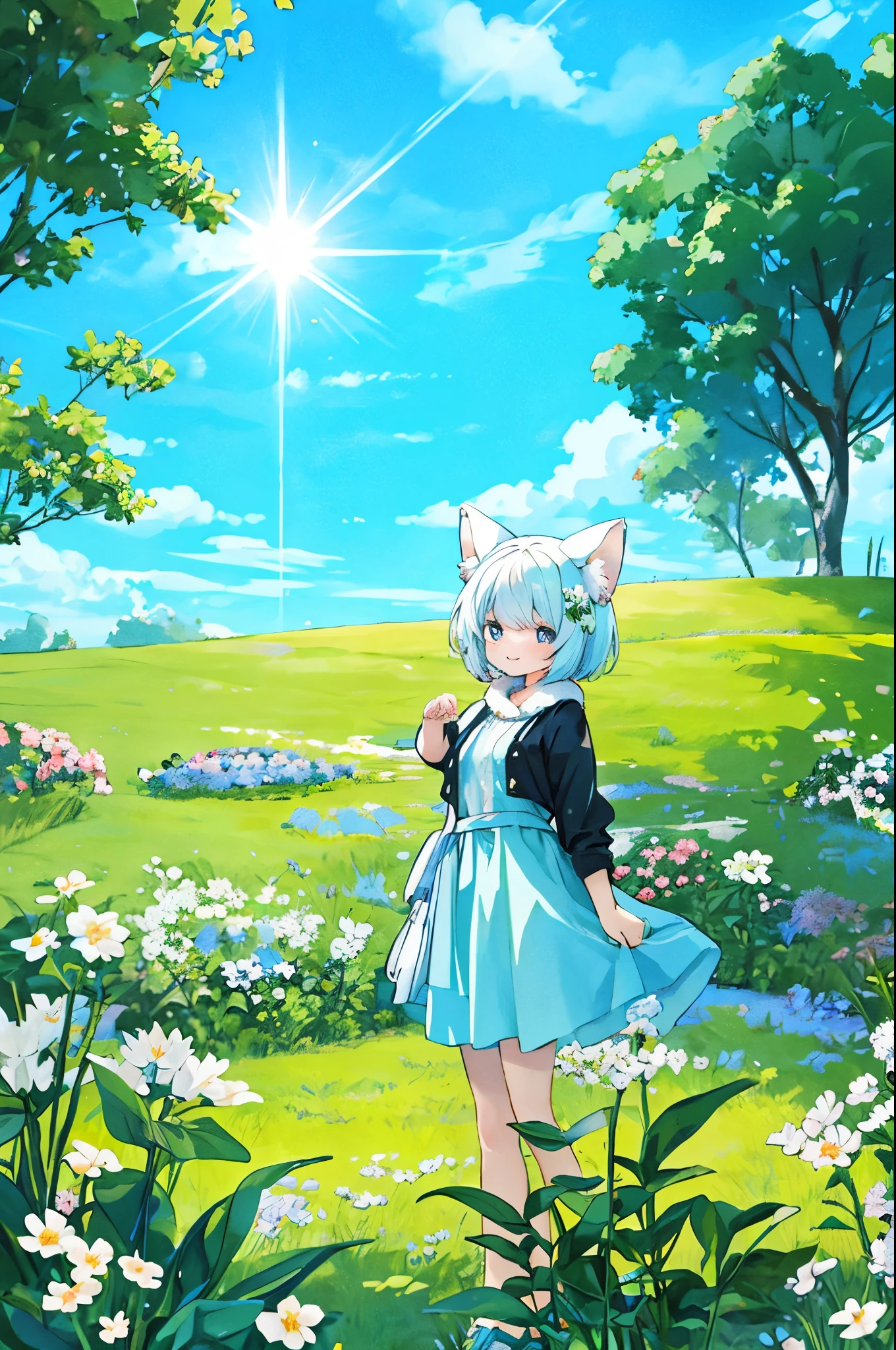 anime key visual, highres, High-quality illustrations, unparalleled masterpiece(movie of life)nature inspired imagery, romanticized views, lively illustrations, whimsical cartoonish, farm, Blue sky, clouds, florals Beautiful garden(furry anthro, solo, girl, casual fashion, Relux pose, Smile)absurdres, perfect anatomy, caustics, cinematic lighting, lens flare, deep shadow, dynamic angle,