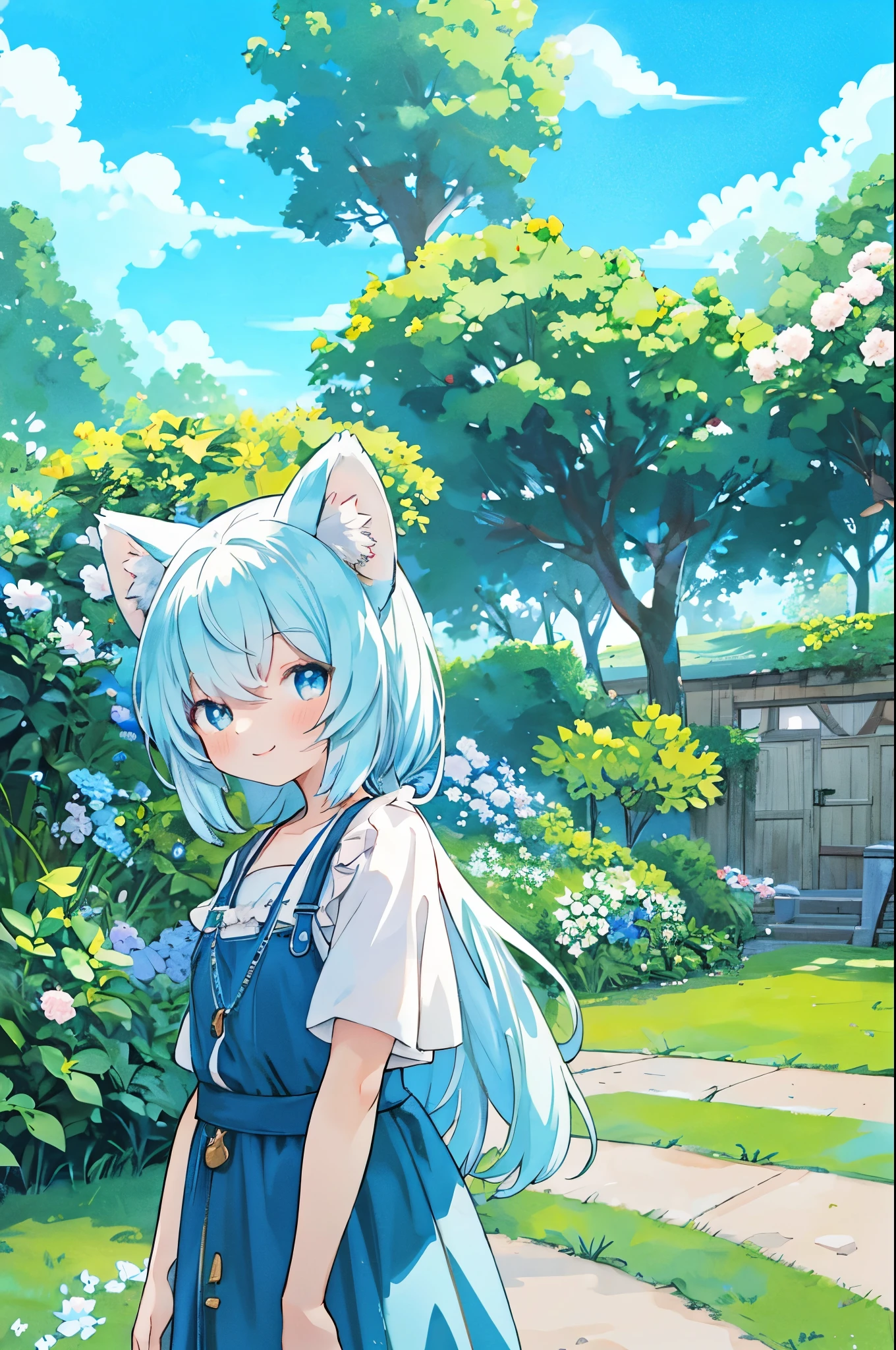 anime key visual, highres, High-quality illustrations, unparalleled masterpiece(movie of life)nature inspired imagery, romanticized views, lively illustrations, whimsical cartoonish, farm, Blue sky, clouds, florals Beautiful garden(furry anthro, solo, girl, casual fashion, Relux pose, Smile)absurdres, perfect anatomy, caustics, cinematic lighting, lens flare, deep shadow, dynamic angle,