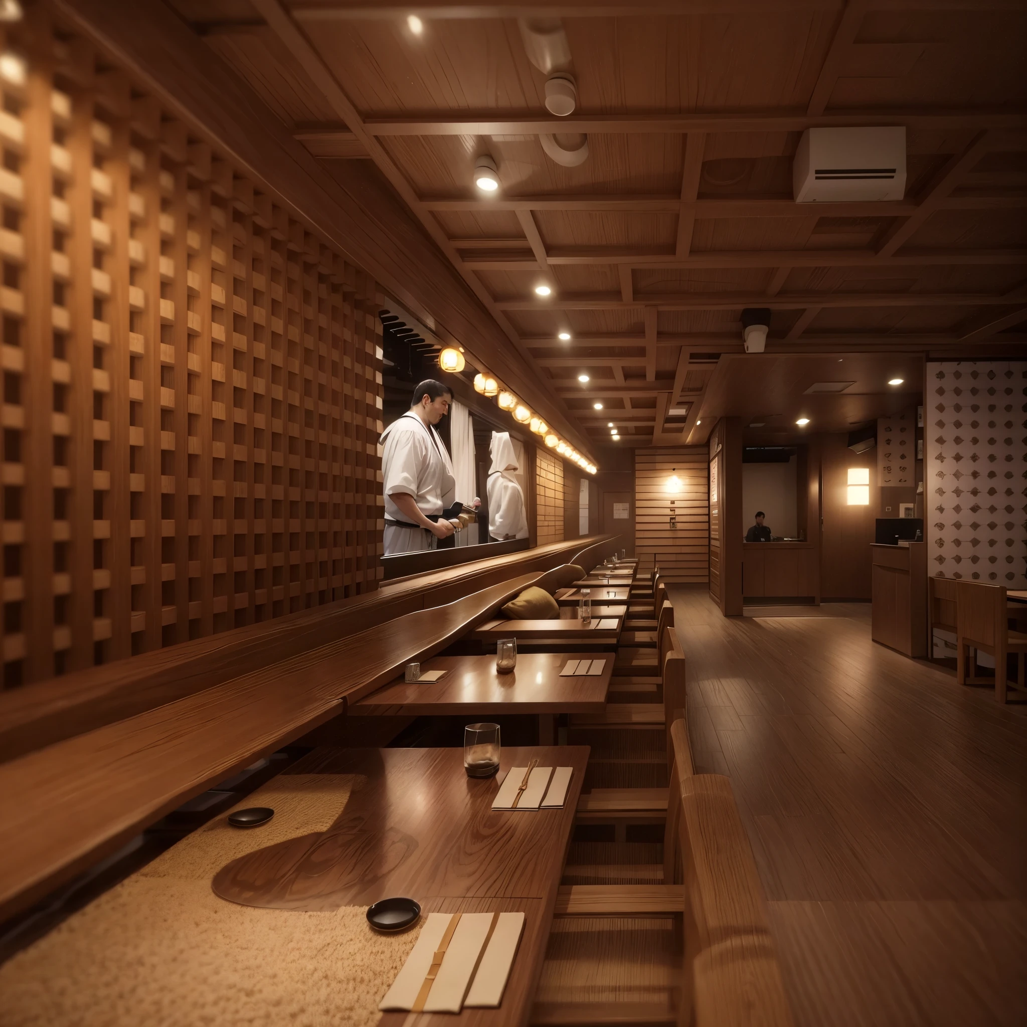 une vue d'un restaurant avec des tables et des chaises et un mur de treillis en bois, Koji Morimoto Shinjuku, photographie d'restaurant interior, restaurant, photo tendance, sake, Robe Urata, Miko, Style de Shuzo Oshimi, Hidetaka Tenjin, hasanabi, photo Pinterest, scene izakaya de tokyo, Japonais, ( Visually stunning