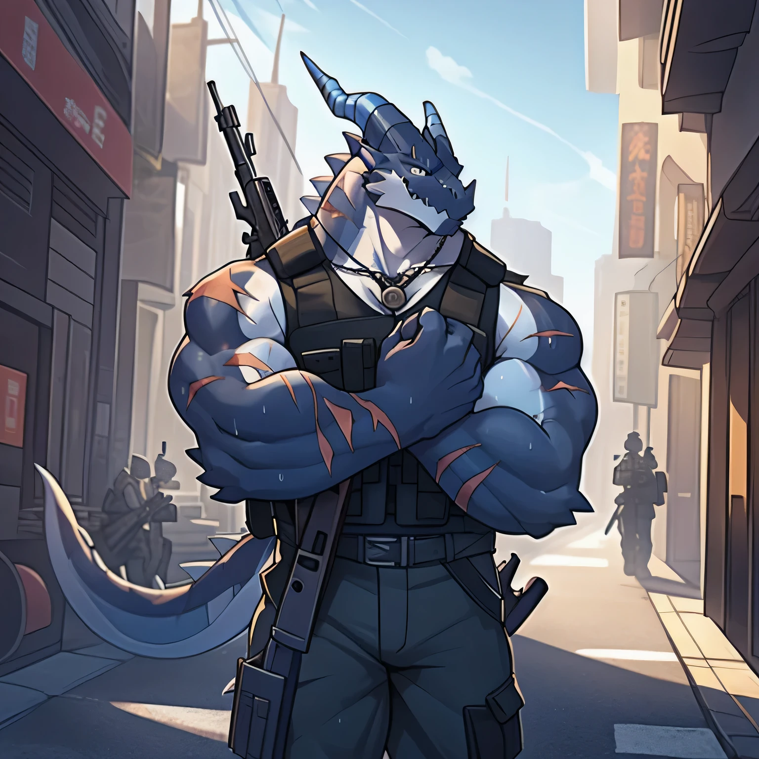 (dragon), two colors, There are scars on the face, Wearing sunglasses on head,The necklace hangs around the neck,(muscular body:1.3), There are scars on the face, Handsome, OK,(There are scars on the face), on the street,(Express),(city background),(There are scars on the face:1.2),look at screen,(dragon horn),(Dragon tail),perfect masterpiece,(16K),alone,((Strong)),,(hands crossed),Perfect proportion,front,hands crossed,Sweat,(hands crossed:1.5),(Have a gun in hand:1.3),(intense expression:1.2),(imagine:1.5),(with rifle in hands:1.8),Strong,muscle,with dragon wings,more details,CG,(dragon), torso,((Have a gun in hand)), (Bulletproof vest)),Serious expression