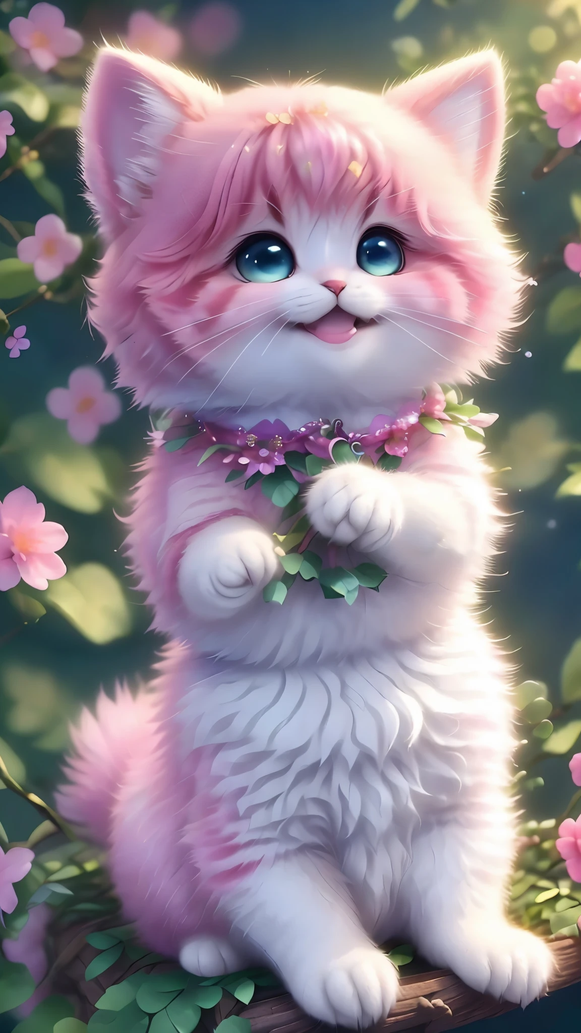 , Realistis, shaggy, (Kitten dressed), an cheeks, full bodyesbian, Non-human, ssmile, sparkle eyeinitary, Sit on a branch, lying down,In pink,Left!!!,Funny, laugh