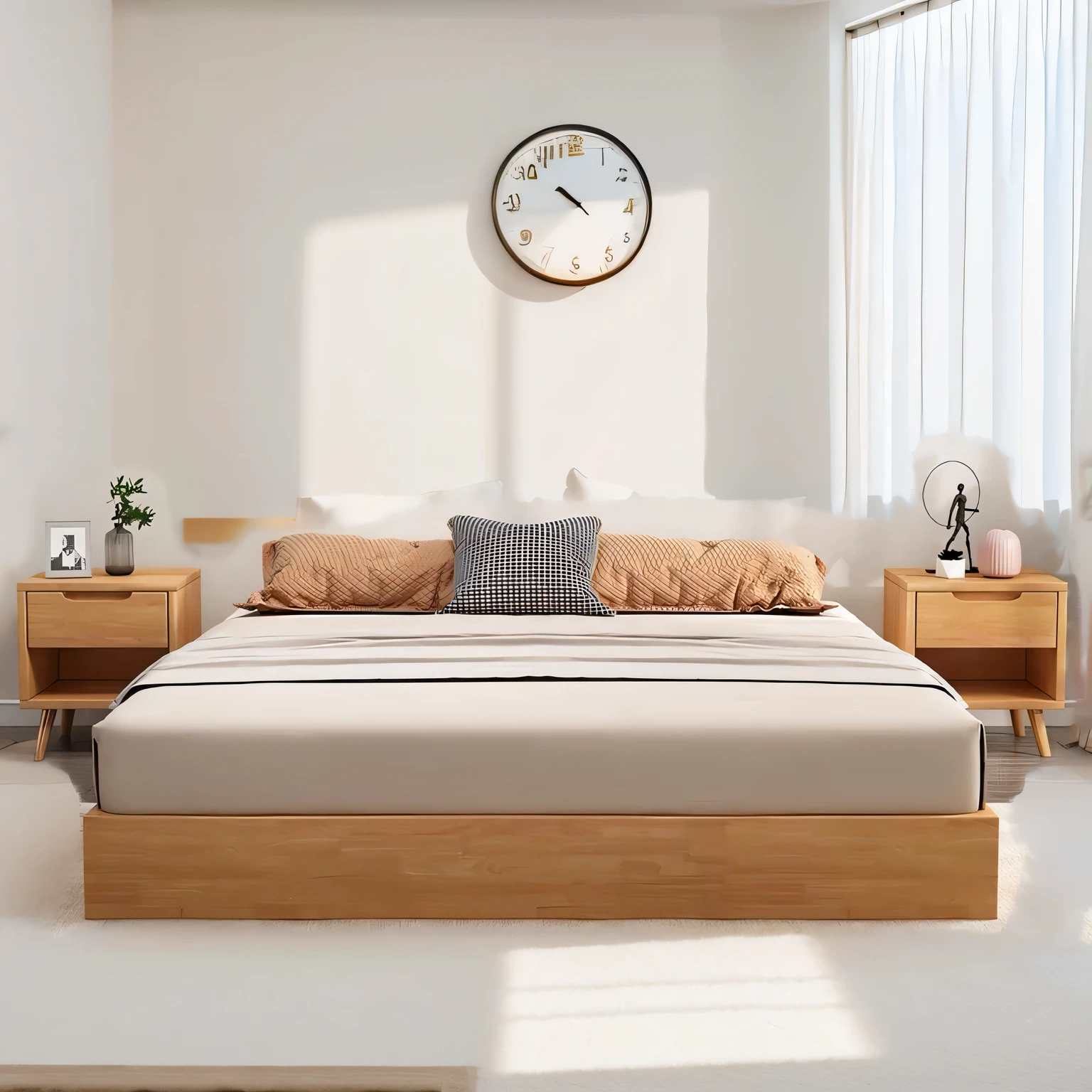 bedroom,light,white carpet,Clock on the wall
