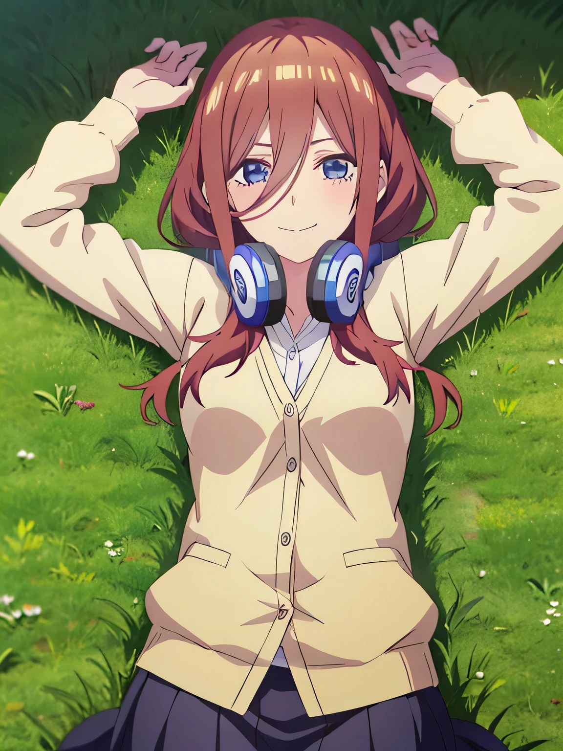 solo, 1girl, looking at viewer, anime, anime coloring, high quality solo, cowboy shot, lying, on back, on grass, spread arms, shy smile, arms up, closed mouth, miku nakano, cardigan, headphones around neck, looking at viewer, in the center,