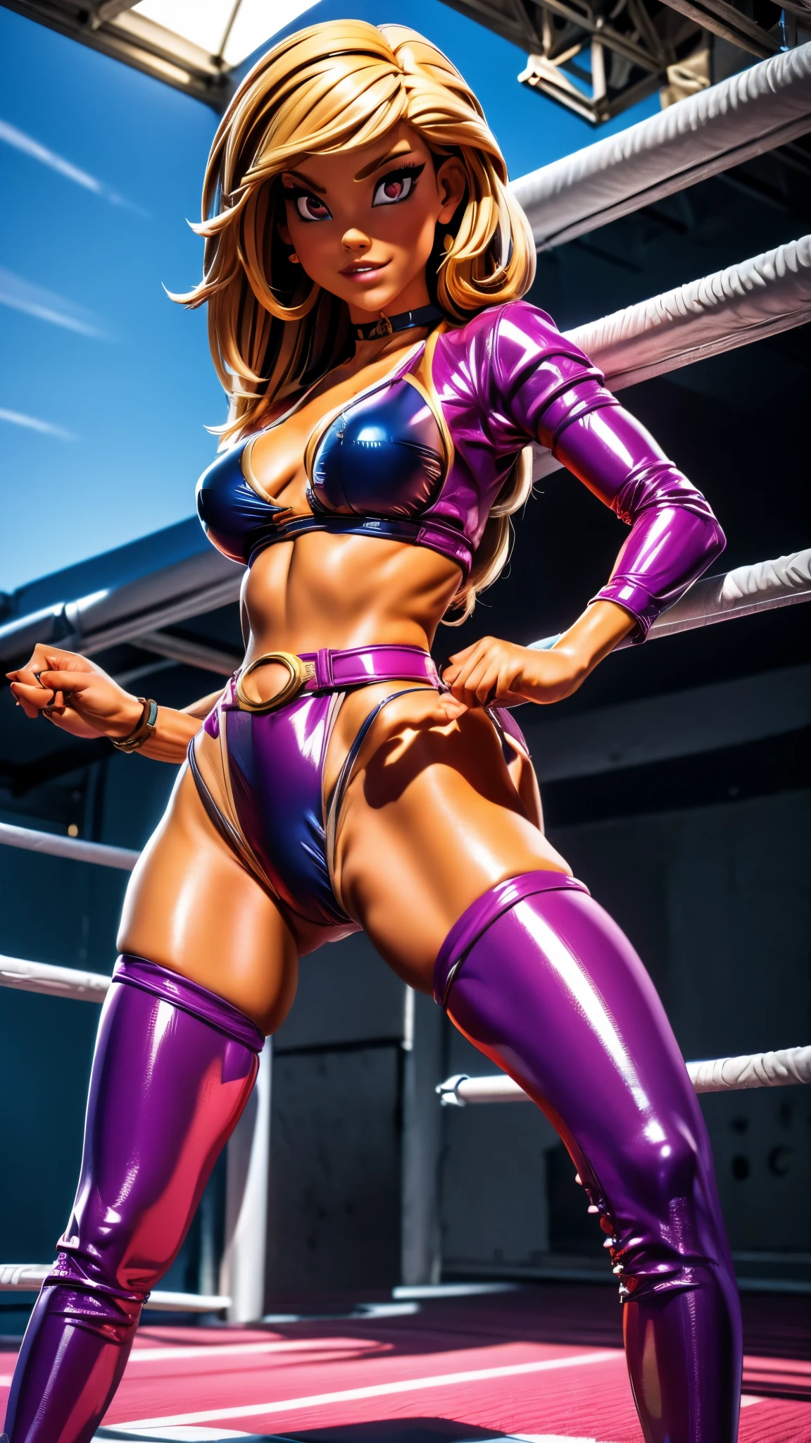 (best quality,4k,8k,highres,masterpiece:1.2),ultra-detailed, Woman in a bikini posed standing in a wrestling ring, bright shiny lingerie, suit under clothes!, metal bikini, dressed in belts bikini, shiny plastic bikini, surfer model, gogo boots, ready for combat, HDR, 8k, absurdres, cinestill 800, sharp focus, add_detail:3 (solo woman)