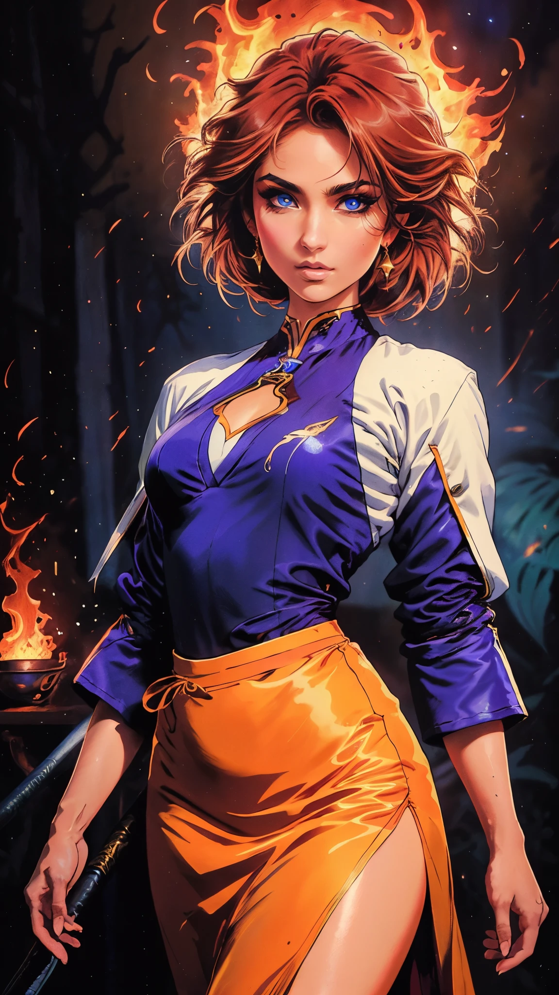 ((A woman with tousled vibrant red short hair, side-swept bangs, sharply arched eyebrows, sharp upward-arched thick eyebrows, sharp gaze, slender elongated face, a slim figure, a fantasy martial arts-style loose solid-color Daoist robe, wide billowing sleeves, a voluminous long skirt, orange as the main color, complemented by blue accents, a small bird formed of flames flies beside her, the scene is set in a fantasy-style Chinese lakeside courtyard)), this character embodies a finely crafted a fantasy martial arts practitioner in anime style, exquisite and mature manga art style, feminine, high definition, best quality, highres, ultra-detailed, ultra-fine painting, extremely delicate, professional, perfect body proportions, golden ratio, anatomically correct, symmetrical face, extremely detailed eyes and face, high quality eyes, creativity, RAW photo, UHD, 32k, Natural light, cinematic lighting, masterpiece-anatomy-perfect, masterpiece:1.5