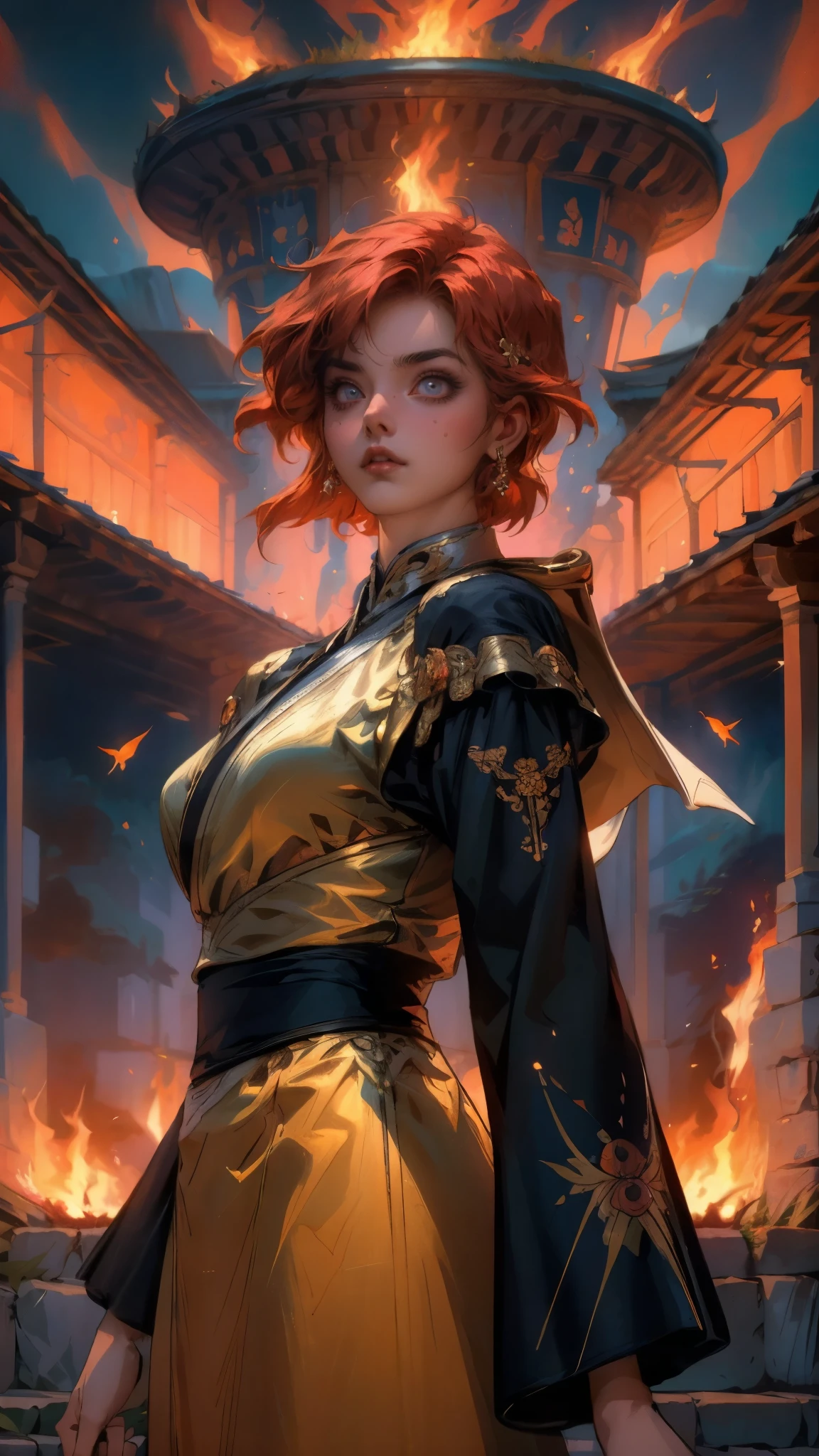 ((A woman with tousled vibrant red short hair, side-swept bangs, sharply arched eyebrows, sharp upward-arched thick eyebrows, sharp gaze, slender elongated face, a slim figure, a fantasy martial arts-style loose solid-color Daoist robe, wide billowing sleeves, a voluminous long skirt, orange as the main color, complemented by blue accents, a small bird formed of flames flies beside her, the scene is set in a fantasy-style Chinese lakeside courtyard)), this character embodies a finely crafted a fantasy martial arts practitioner in anime style, exquisite and mature manga art style, feminine, high definition, best quality, highres, ultra-detailed, ultra-fine painting, extremely delicate, professional, perfect body proportions, golden ratio, anatomically correct, symmetrical face, extremely detailed eyes and face, high quality eyes, creativity, RAW photo, UHD, 32k, Natural light, cinematic lighting, masterpiece-anatomy-perfect, masterpiece:1.5