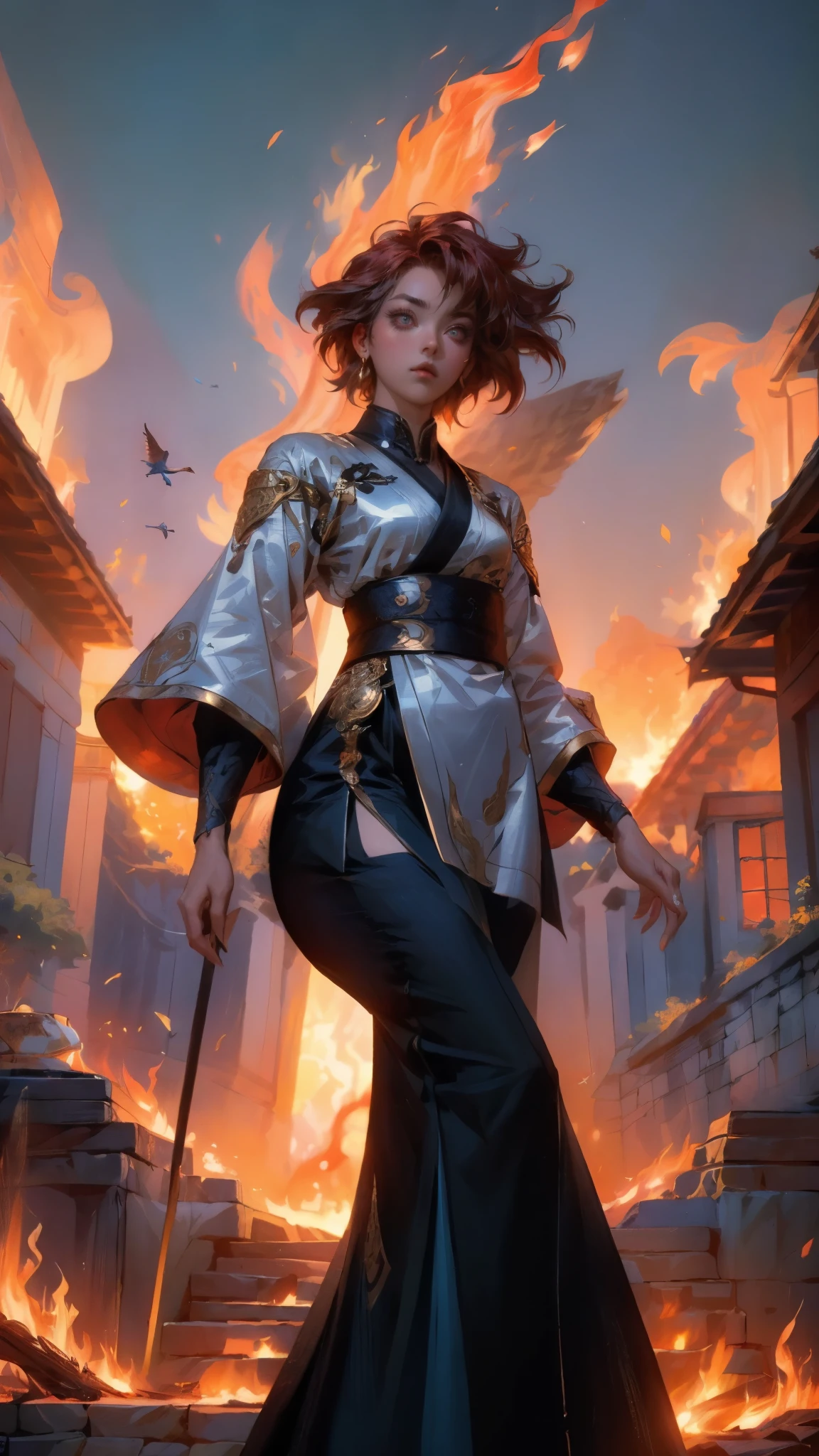 ((A woman with tousled vibrant red short hair, side-swept bangs, sharply arched eyebrows, sharp upward-arched thick eyebrows, sharp gaze, slender elongated face, a slim figure, a fantasy martial arts-style loose solid-color Daoist robe, wide billowing sleeves, a voluminous long skirt, orange as the main color, complemented by blue accents, a small bird formed of flames flies beside her, the scene is set in a fantasy-style Chinese lakeside courtyard)), this character embodies a finely crafted a fantasy martial arts practitioner in anime style, exquisite and mature manga art style, feminine, high definition, best quality, highres, ultra-detailed, ultra-fine painting, extremely delicate, professional, perfect body proportions, golden ratio, anatomically correct, symmetrical face, extremely detailed eyes and face, high quality eyes, creativity, RAW photo, UHD, 32k, Natural light, cinematic lighting, masterpiece-anatomy-perfect, masterpiece:1.5