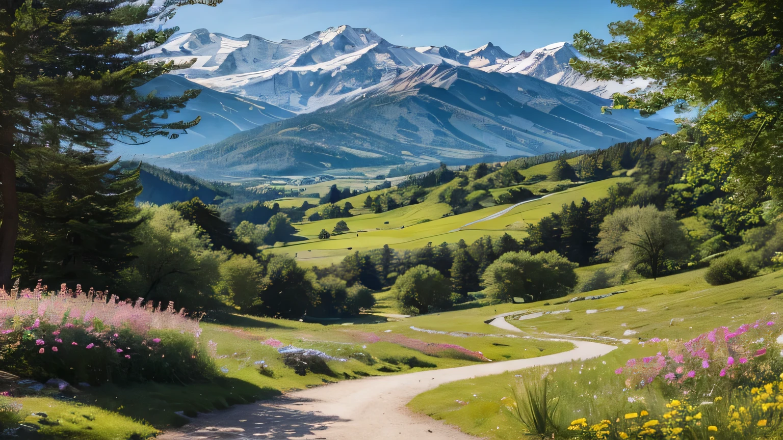 Beautiful daytime sunny landscape with mountains, trees and flowers, path in the hollow leading up to the mountains, highest quality 8k