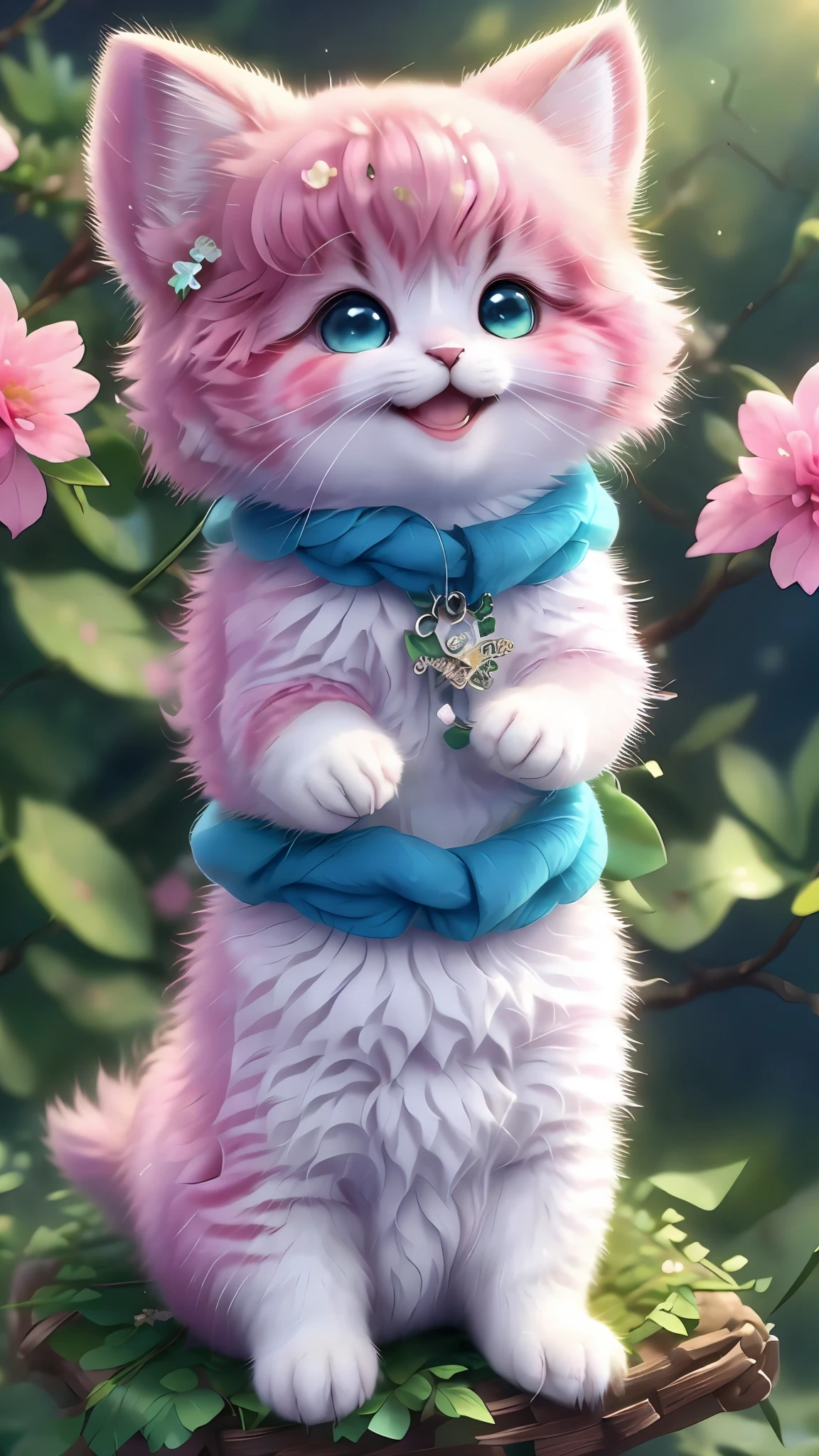 , Realistis, shaggy, (Kitten dressed), an cheeks, full bodyesbian, Non-human, ssmile, sparkle eyeinitary, Sit on a branch, lying down,In pink,Left!!!,Funny, laugh