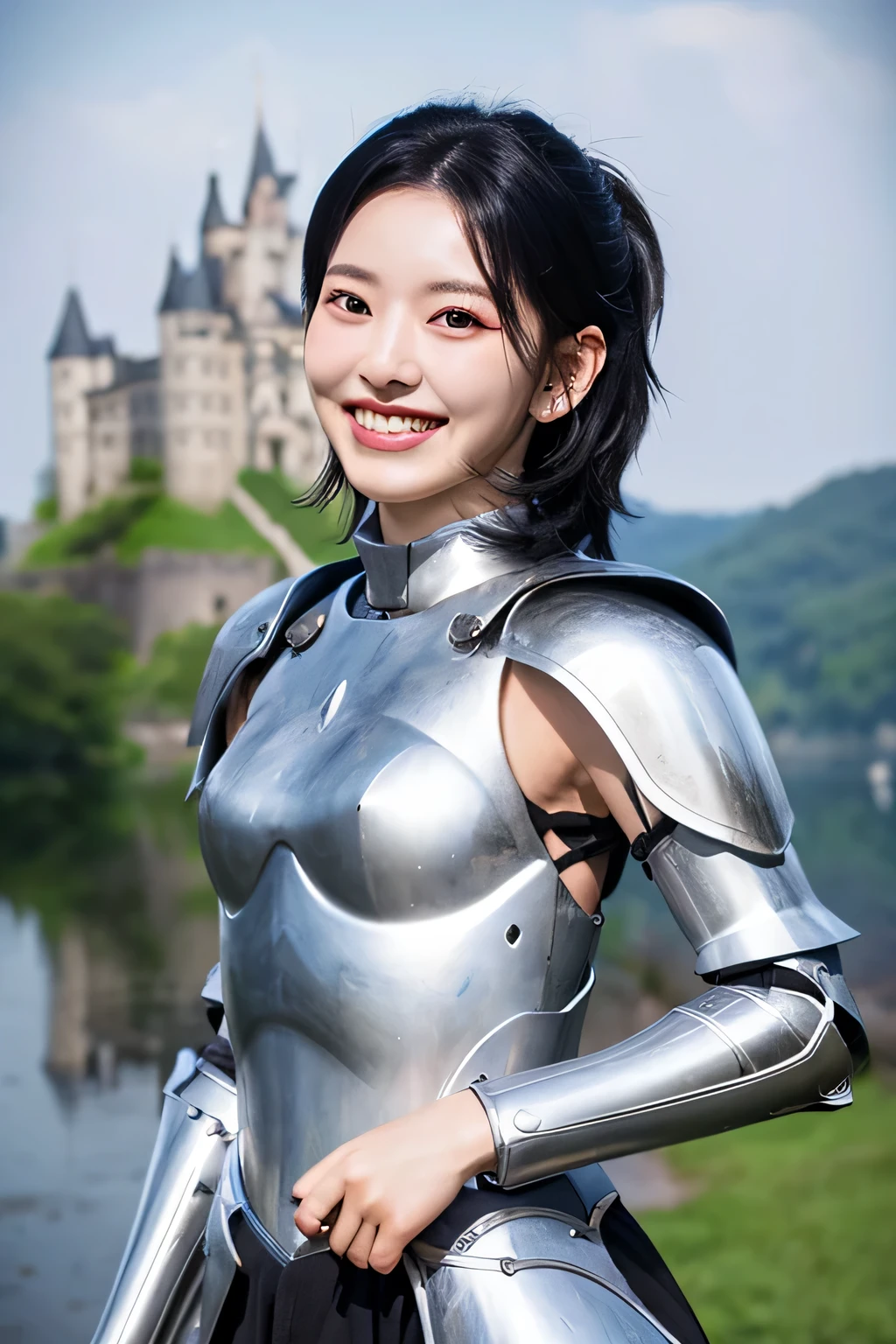 highest quality、４Ｋ、The background is a castle、slender body shape、female knight、black hair、smile、beautiful teeth、hairstyle shortcut、ear piercing、full body photo、Luxurious Silver Armor、