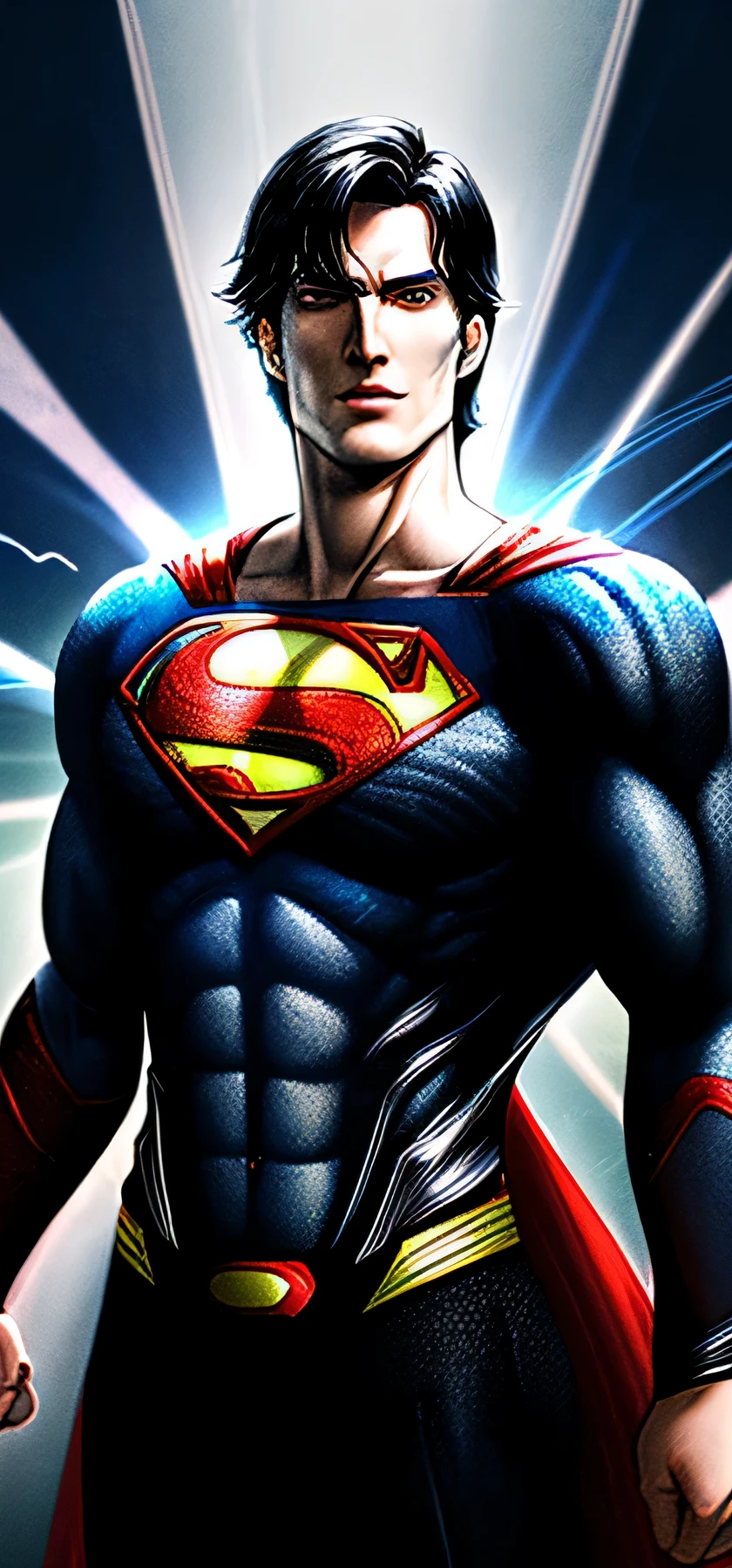 (superman)((evil))(flying)(black hair)((lazer eyes))(black clothes) 