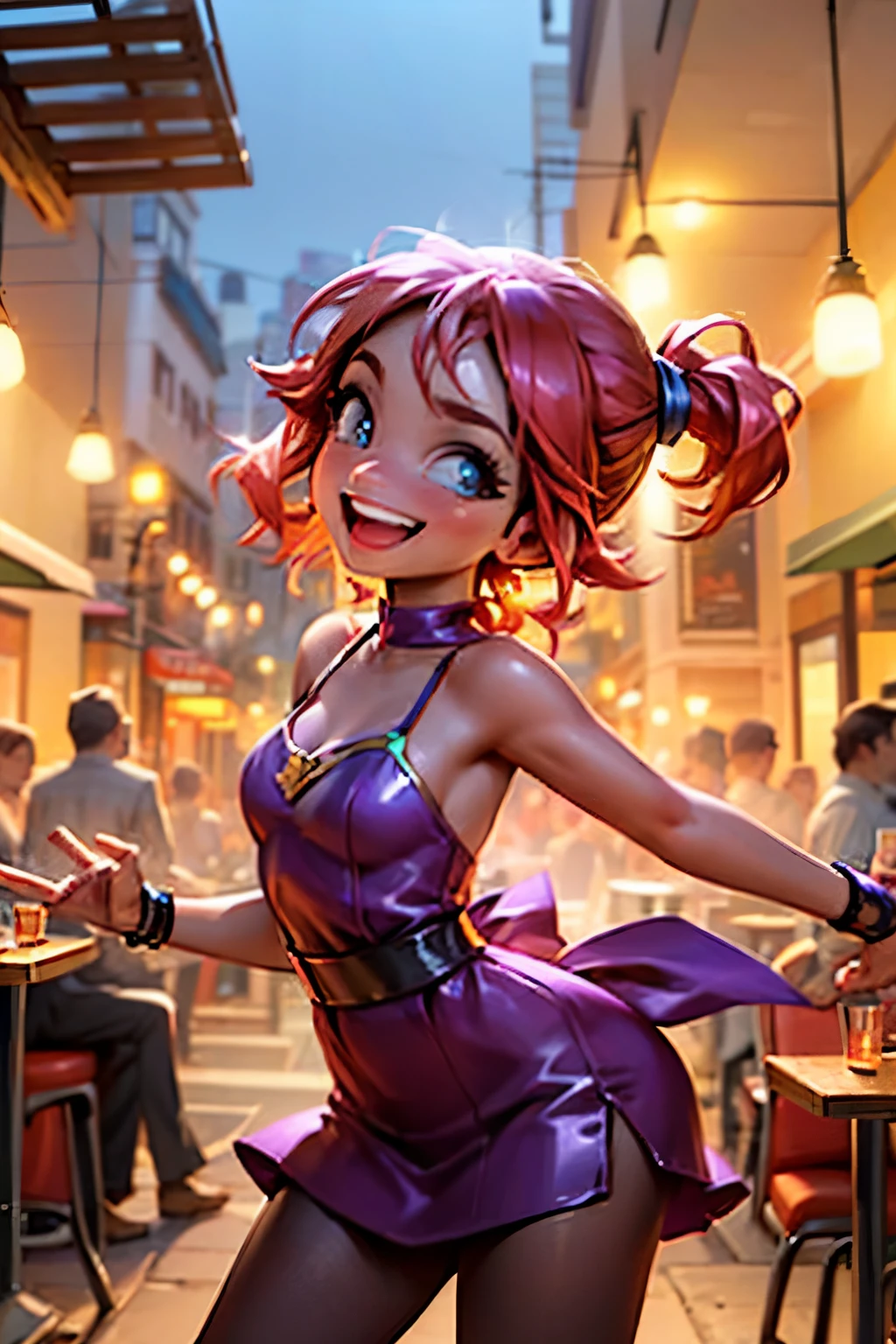 "Draw a lively scene of a busy bar at night, com luzes brilhantes e cores vibrantes. Na cena, include a group of people dancing excitedly near a small stage where a band plays live music. Nas mesas ao redor, adicione pessoas conversando e rindo enquanto desfrutam de petiscos e bebidas. Convey an atmosphere of constant joy and celebration, capturando a energia contagiante do ambiente do botequim."