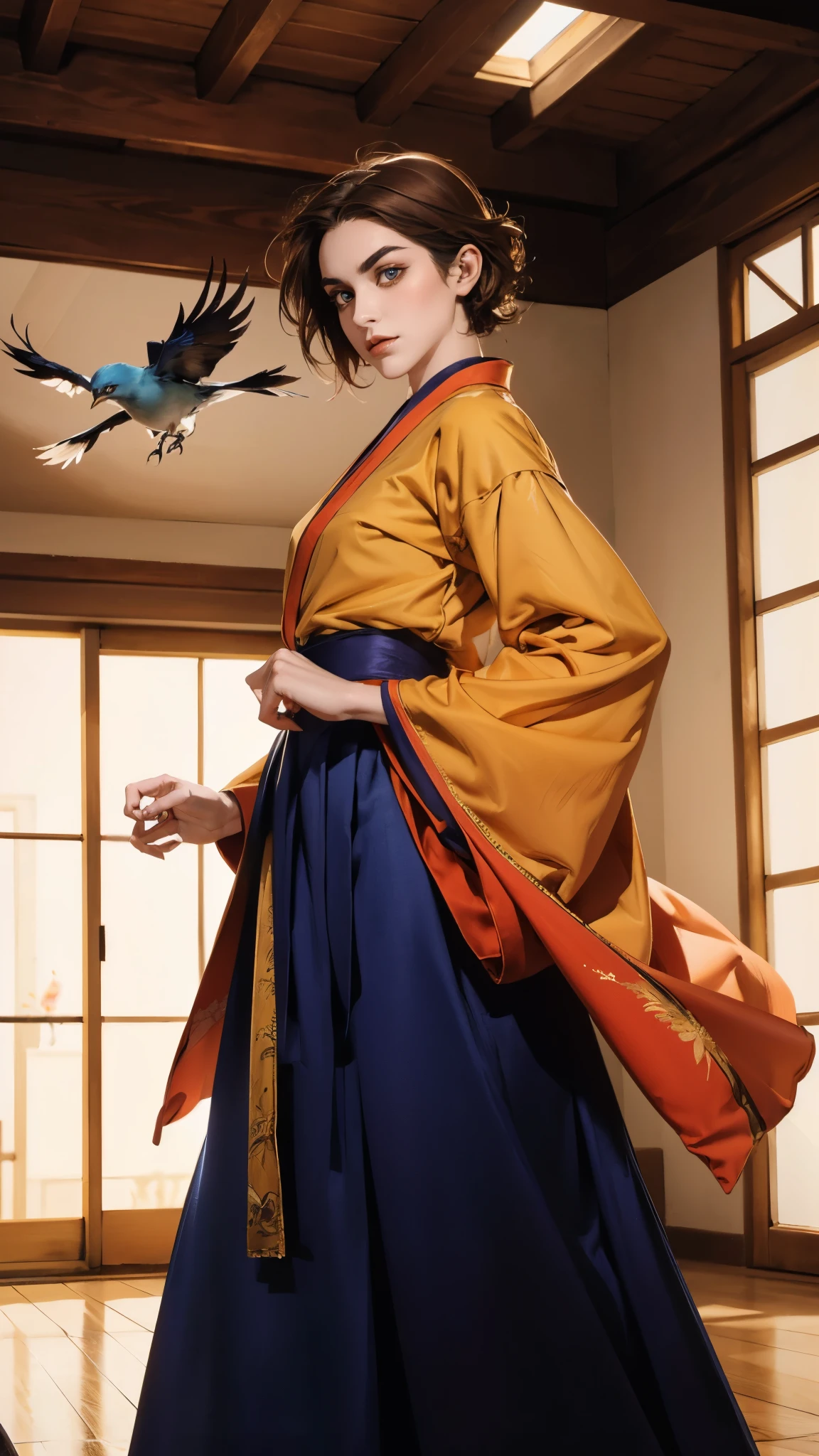 ((A woman with tousled vibrant red short hair, side-swept bangs, sharply arched eyebrows, sharp upward-arched thick eyebrows, sharp gaze, slender elongated face, a slim figure, a fantasy martial arts-style loose solid-color Daoist robe, wide billowing sleeves, a voluminous long skirt, orange as the main color, complemented by blue accents, a small bird formed of flames flies beside her, the scene is set in a fantasy-style Chinese lakeside courtyard)), this character embodies a finely crafted a fantasy martial arts practitioner in anime style, exquisite and mature manga art style, feminine, high definition, best quality, highres, ultra-detailed, ultra-fine painting, extremely delicate, professional, perfect body proportions, golden ratio, anatomically correct, symmetrical face, extremely detailed eyes and face, high quality eyes, creativity, RAW photo, UHD, 32k, Natural light, cinematic lighting, masterpiece-anatomy-perfect, masterpiece:1.5