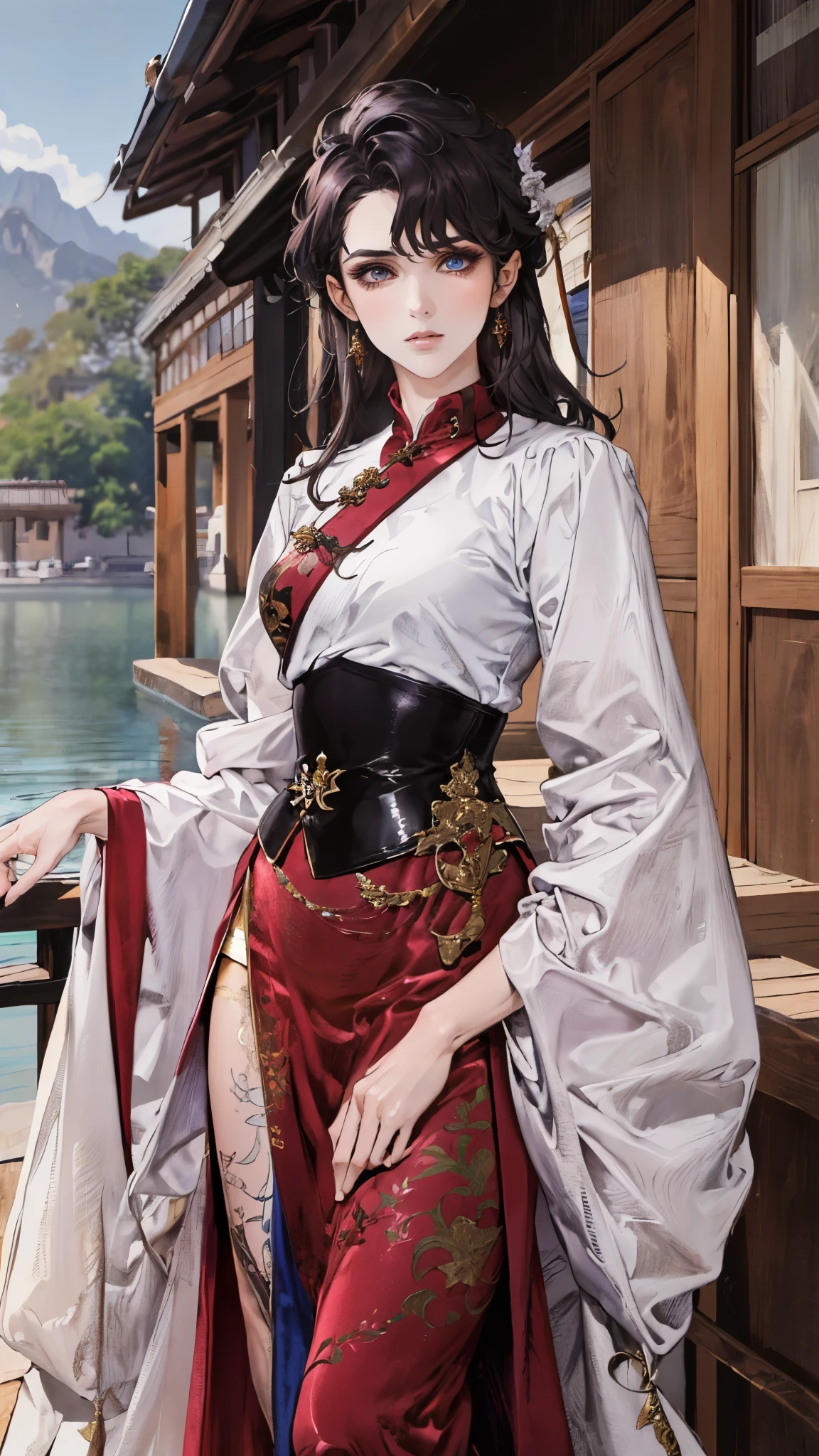 ((A woman with tousled vibrant red short hair, side-swept bangs, sharply arched eyebrows, sharp upward-arched thick eyebrows, sharp gaze, slender elongated face, a slim figure, a fantasy martial arts-style loose solid-color Daoist robe, wide billowing sleeves, a voluminous long skirt, orange as the main color, complemented by blue accents, a small bird formed of flames flies beside her, the scene is set in a fantasy-style Chinese lakeside courtyard)), this character embodies a finely crafted a fantasy martial arts practitioner in anime style, exquisite and mature manga art style, feminine, high definition, best quality, highres, ultra-detailed, ultra-fine painting, extremely delicate, professional, perfect body proportions, golden ratio, anatomically correct, symmetrical face, extremely detailed eyes and face, high quality eyes, creativity, RAW photo, UHD, 32k, Natural light, cinematic lighting, masterpiece-anatomy-perfect, masterpiece:1.5