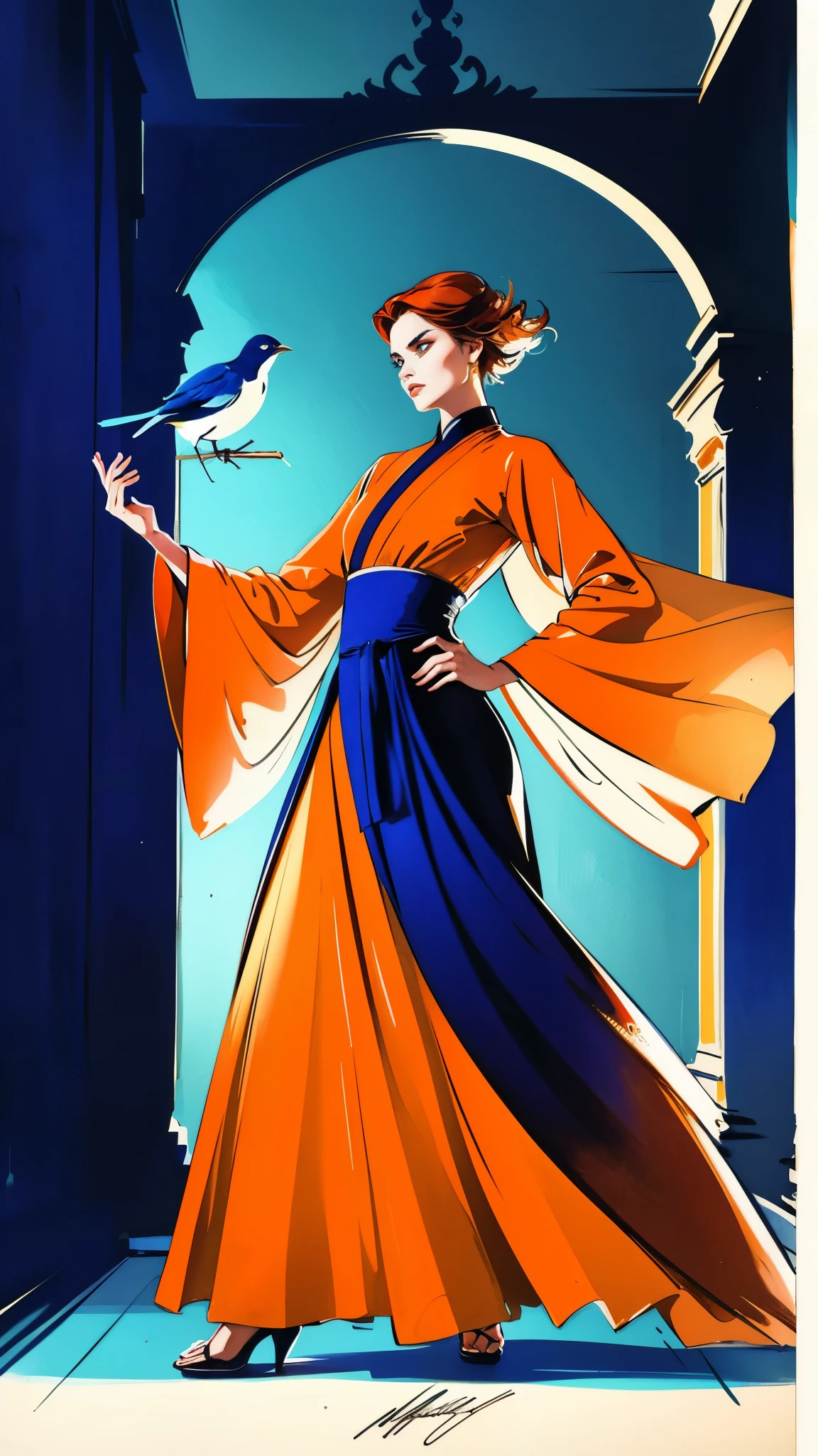 ((A woman with tousled vibrant red short hair, side-swept bangs, sharply arched eyebrows, sharp upward-arched thick eyebrows, sharp gaze, slender elongated face, a slim figure, a fantasy martial arts-style loose solid-color Daoist robe, wide billowing sleeves, a voluminous long skirt, orange as the main color, complemented by blue accents, a small bird formed of flames flies beside her, the scene is set in a fantasy-style Chinese lakeside courtyard)), this character embodies a finely crafted a fantasy martial arts practitioner in anime style, exquisite and mature manga art style, feminine, high definition, best quality, highres, ultra-detailed, ultra-fine painting, extremely delicate, professional, perfect body proportions, golden ratio, anatomically correct, symmetrical face, extremely detailed eyes and face, high quality eyes, creativity, RAW photo, UHD, 32k, Natural light, cinematic lighting, masterpiece-anatomy-perfect, masterpiece:1.5