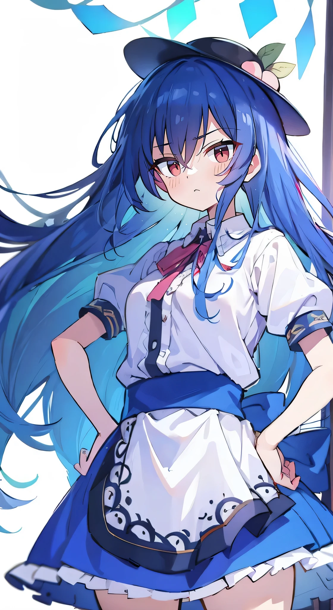 (masterpiece),best quality, expressive eyes, perfect face, 1girl,
hands on waist,beautiful, gorgeous,anime,girl,lora,hinanawi tenshi, blue hair, blue haired, floating clothes,waist grab, grabbing waist, mains sur les hanches , hands on hips,flat chest