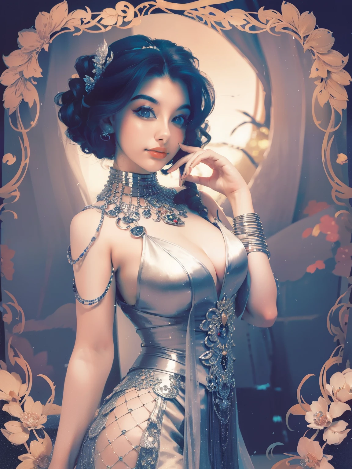 a close up of a woman in a dress posing for a picture, a portrait by Radi Nedelchev, shutterstock, art nouveau, in the glamour style, glamor hairstyle, dressed like in the 1940s, very beautiful style, very beautiful young woman, retro and ethereal, wearing an elegant outfit, elegant fashion model, young woman in a dress