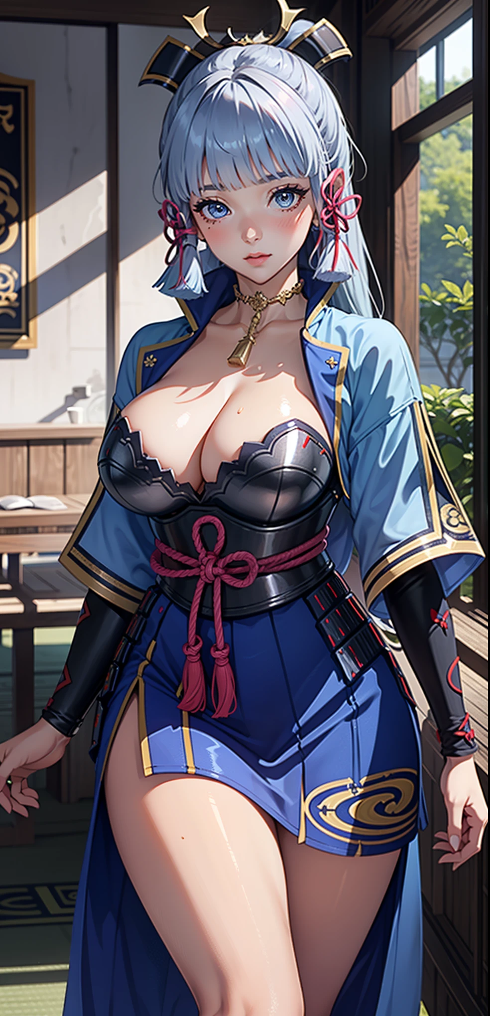 Masterpiece, high quality, 8k, ultra detailed, detailed face, huge breast, standing, blush, bright eye, indoors, (detail face), kamisatoayakadef, stand up straight,(sexy:1.5),