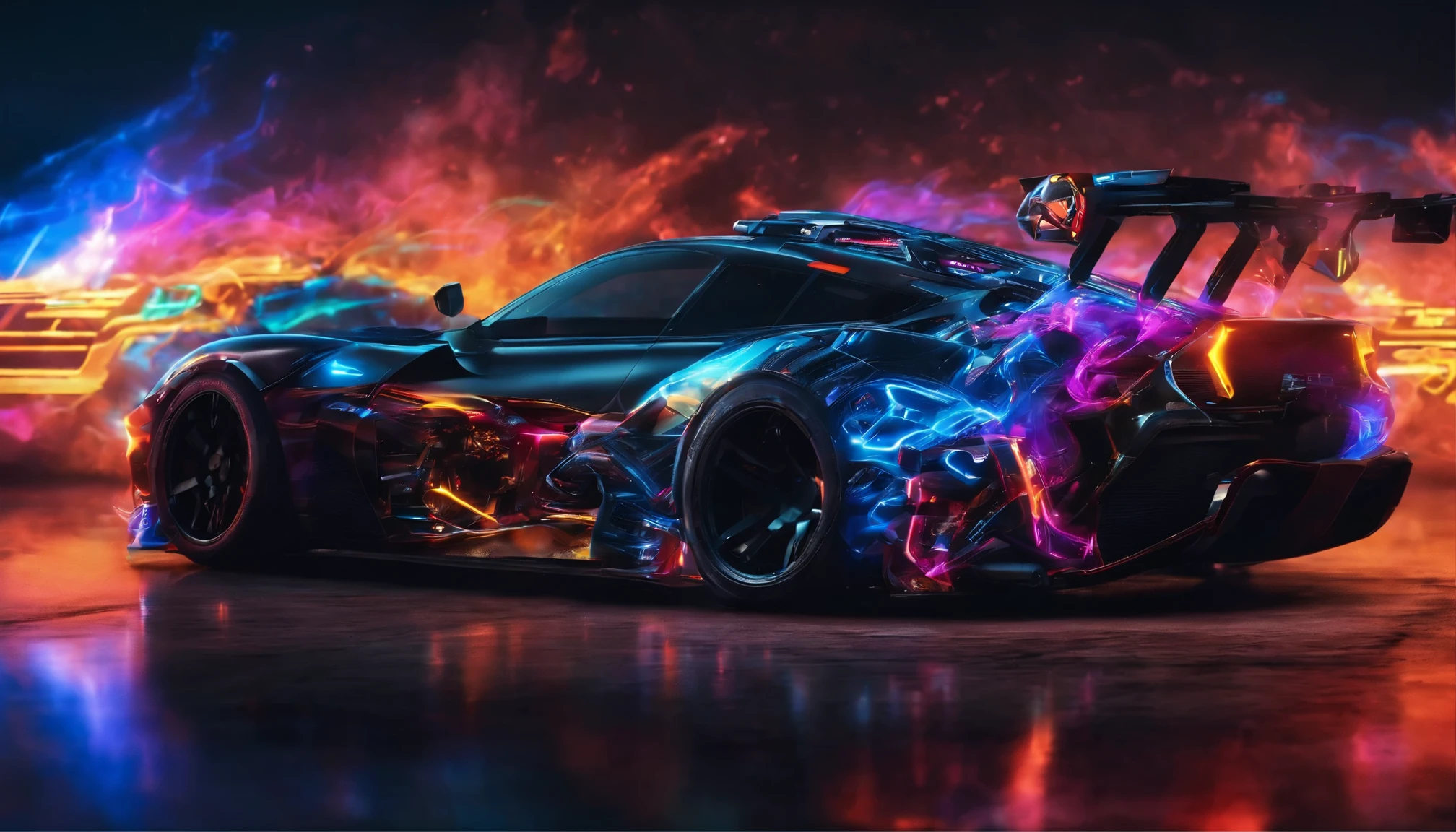 In this captivating image, a sports car embodies power and dynamism. Her gaze exudes determination, and her figure radiates confidence, creating a perfect contrast to the potency of the sports car.Behind the car unfolds a swirl of colorful smoke, adding an extra layer of dynamism and mystery to the scene. This array of multicolored smoke not only frames the car but also symbolizes energy and motion, enveloping this thrilling moment.This picture captures attention and conveys not only beauty and style but also the excitement and adrenaline associated with the world of sports cars.