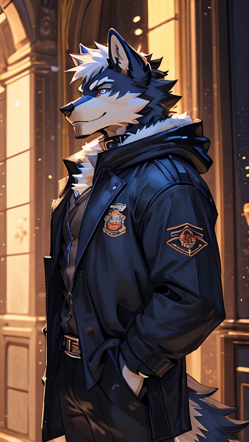 wolf orc,adult,Dark blue hair,Partially white hair,white short hair,no beard,collar,Wearing a white sleeveless sweatshirt,a dark blue coat,shorts,close up,Azuka blue pupils,Strong body,muscular hunk,full-body shot,Smile,Face to the camera,Gentle and honest,