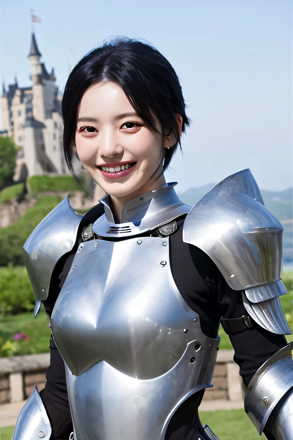 highest quality、4K、The background is a castle、slender body shape、female knight、black hair、smile、beautiful teeth、hairstyle shortcut、ear piercing、full body photo、Luxurious Silver Armor、