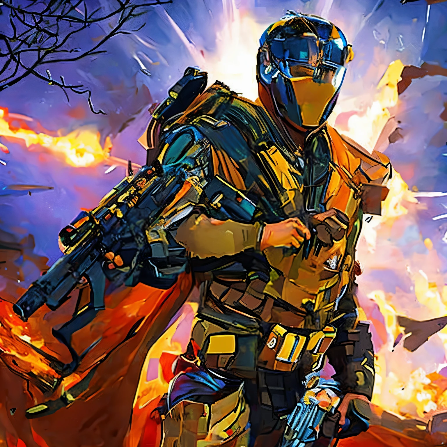 Futuristic soldier with the appearance of an archangel and wings of fire