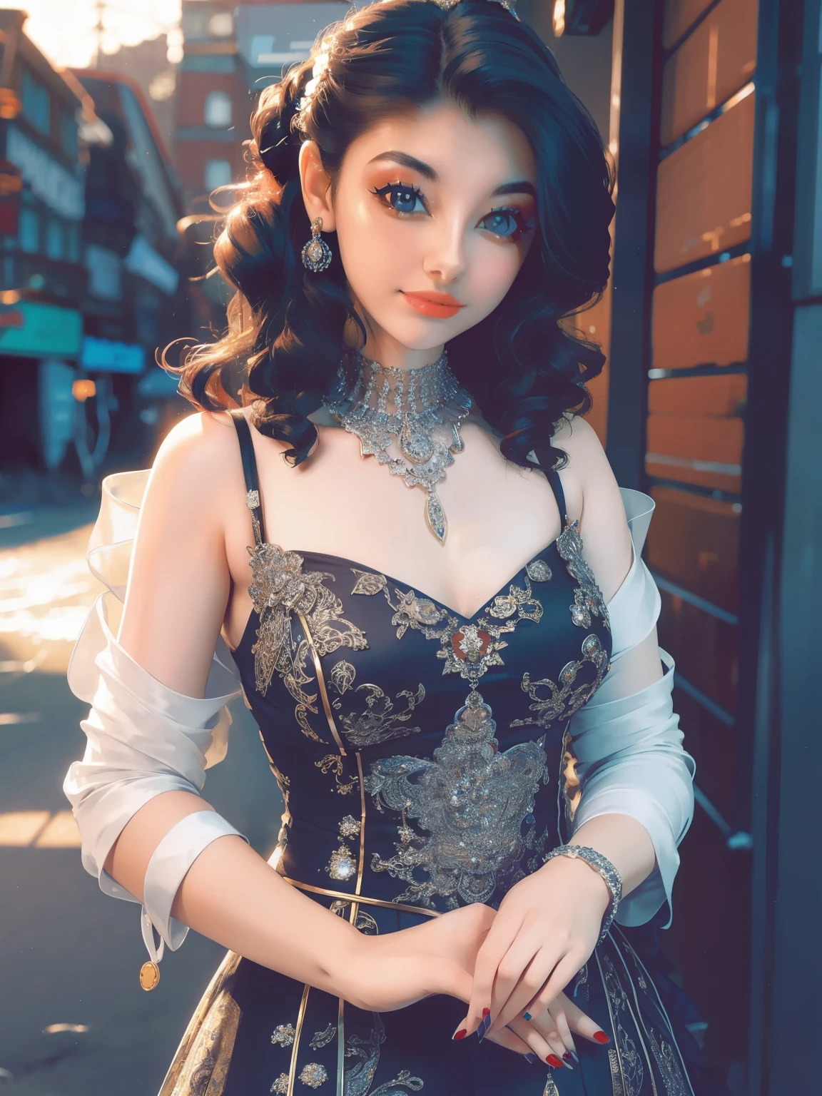 a close up of a woman in a dress posing for a picture, a portrait by Radi Nedelchev, shutterstock, art nouveau, in the glamour style, glamor hairstyle, dressed like in the 1940s, very beautiful style, very beautiful young woman, retro and ethereal, wearing an elegant outfit, elegant fashion model, young woman in a dress