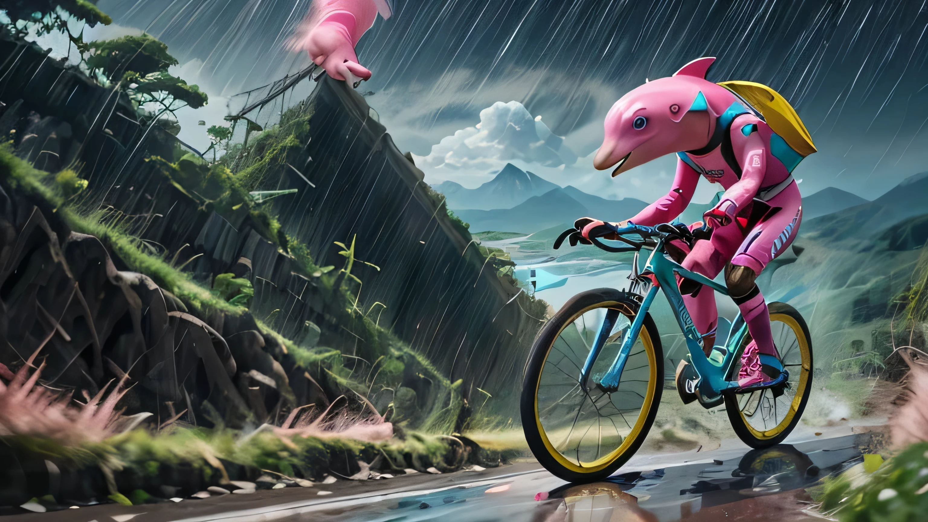 pink dolphin rider wear a yellow jerksy winning theroad race