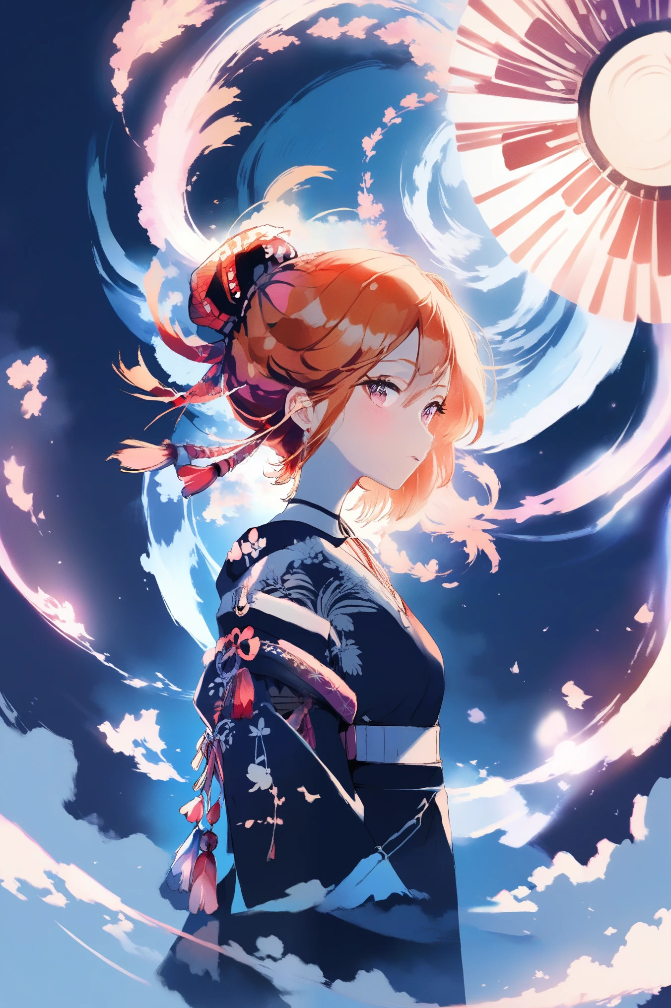 (best quality, sketch:1.2),realistic,illustrator,anime,1 girl, detailed lips, kimono,custom, neon and dark gradient background, ginger hair,textured cropping, masterpiece, style modern, anime, a girl standing looking at a spiral, trending on art station, space art, makoto shinkai cyril rolando, cosmic skies. by makoto shinkai, dreamy psychedelic anime, beautiful anime scene, anime epic artwork, watching the sun set. anime, epic realism, kuki shinobu character 